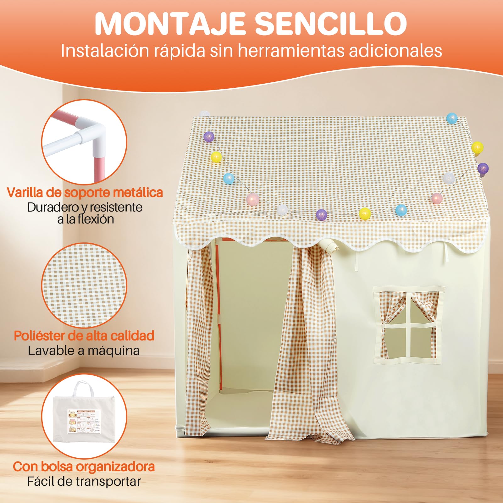 FUNYKICH Tienda de campaña para niñas con Alfombra 120x100x130cm 3-8 años | Casita Infantil con luz cálida, Estructura Metálica, Montaje rápido, Regalo para Navidad Cumpleaños,Leer Dormir Jugar Camping