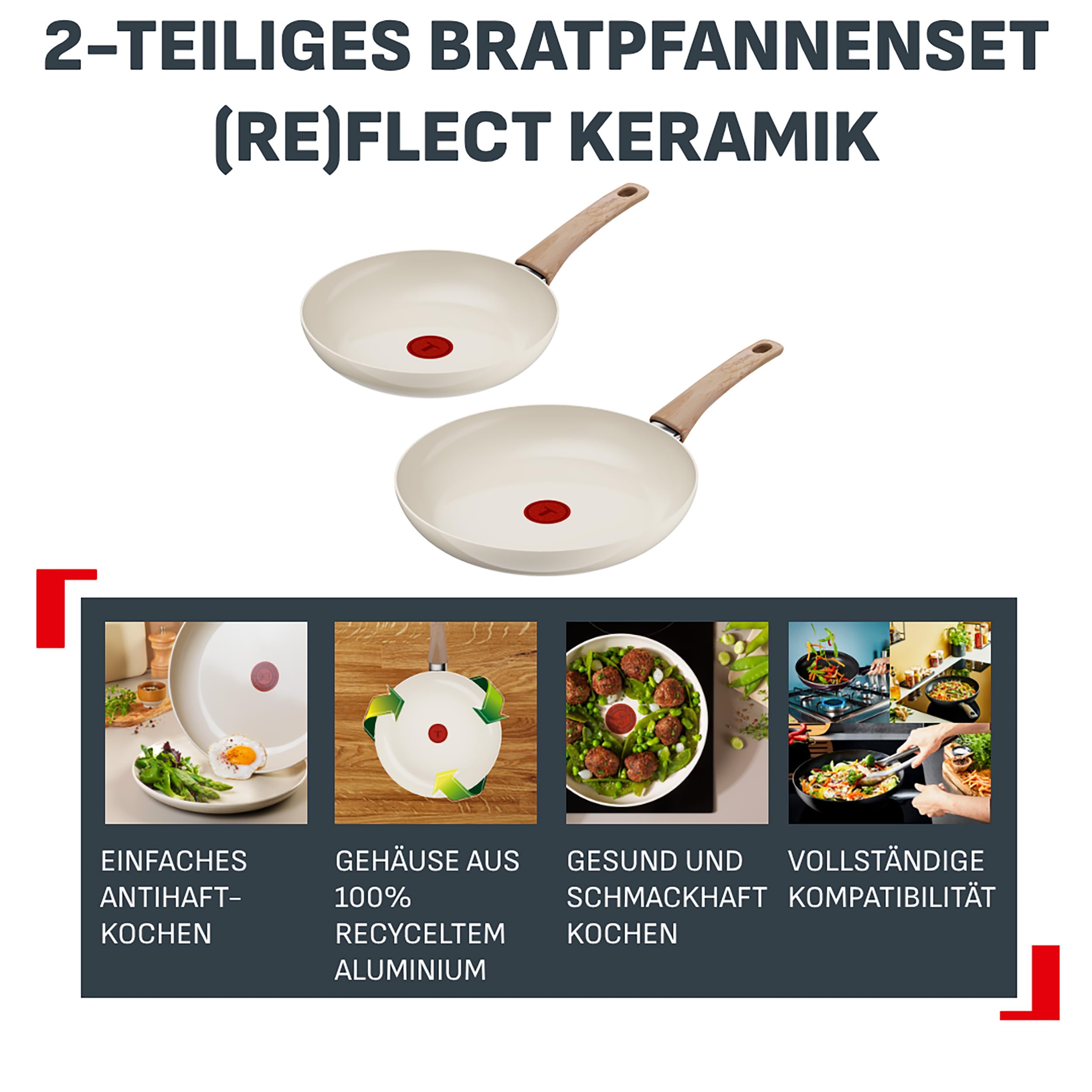 Tefal Reflect On 2-tlg. Pfannen-Set, 24/28 cm, keramische Antihaftbeschichtung, recycelter Aluminiumkörper, Thermo-Signal, für alle Herdarten, einfache Reinigung, Creme, G0229032