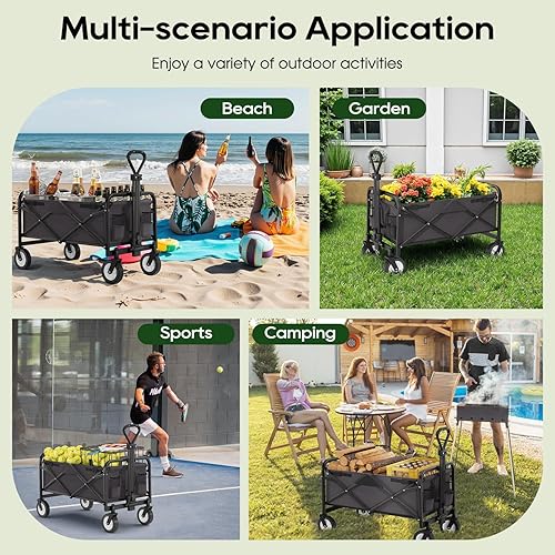 Miniatura 10 de Carro plegable de jardín con ruedas universales de 360 y mango ajustable para playa, camping, compras, jardín, color negro