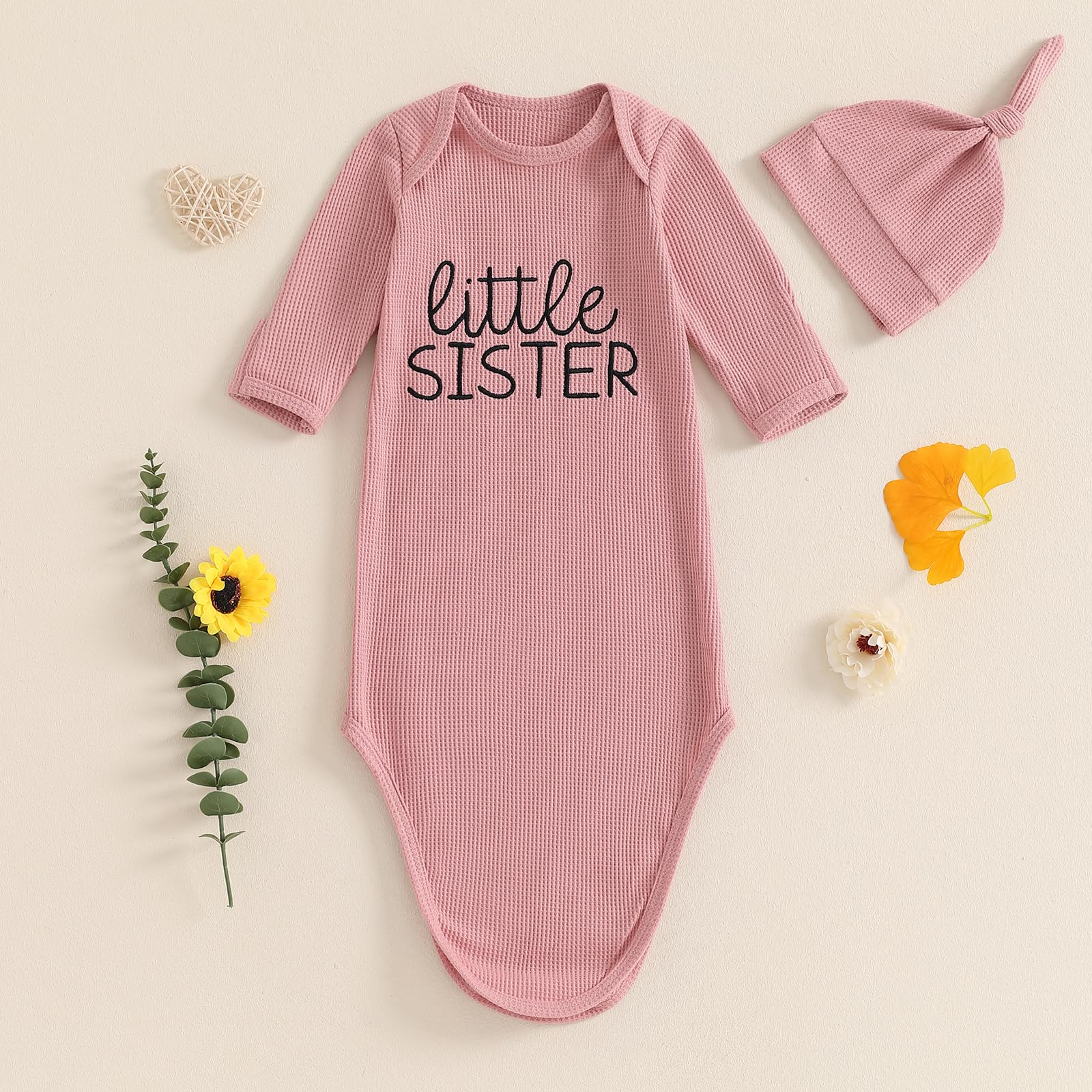 Ayalinggo Newborn Boy Girl Coming Home Outfit Baby Infant Sleeper Gown Nightgown Outfits Cute Fall Winter Pajamas and Hat (Waffle Knit Little Sister Pink, newborn)