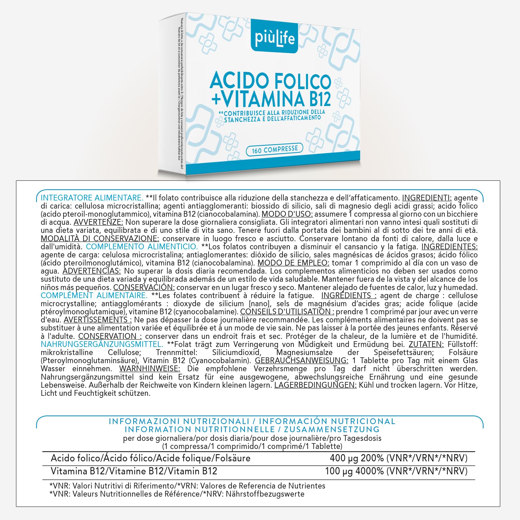 Acido Folico 400 μg Con B12 160 Compresse PiùLife, 1 Al Giorno, Folina Integratore Acido Folico E Vitamina B12, Energia Contro Stanchezza E Affaticamento, Mamma