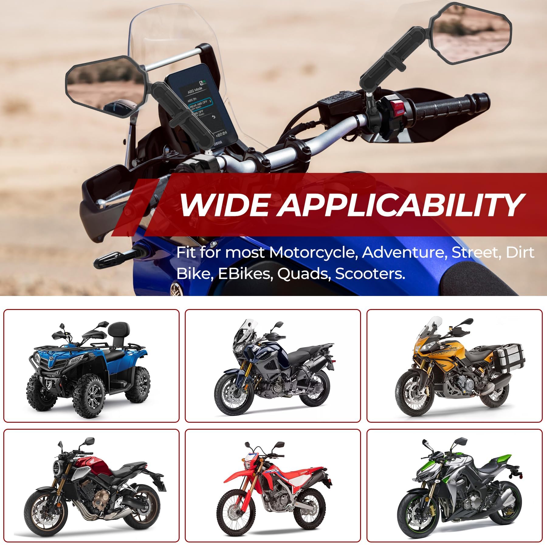 Heart Horse 7/8" 22mm Retroviseurs Moto E-mark Homologué, Retroviseur Moto Embout de Guidon avec Filetés M8 M10, Rétroviseurs de Moto Rabattable Guidon Moto pour Enduro Aventure Scooter Quad ATV
