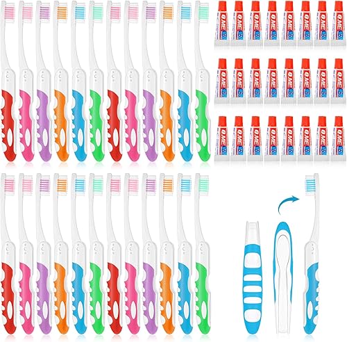 Mifoci 48 piezas de cepillo de dientes portátil plegable de tamaño de viaje con pasta de dientes, kit de viaje de cerdas suaves, cepillo de dientes
