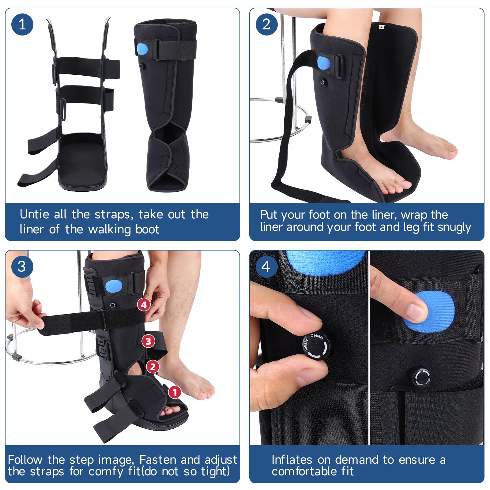 Botas altas para fracturas, botas inflables para fracturas, cirugía del tendón de Aquiles, esguinces agudos de tobillo, pie roto, recuperación de lesiones, color negro (mediano)