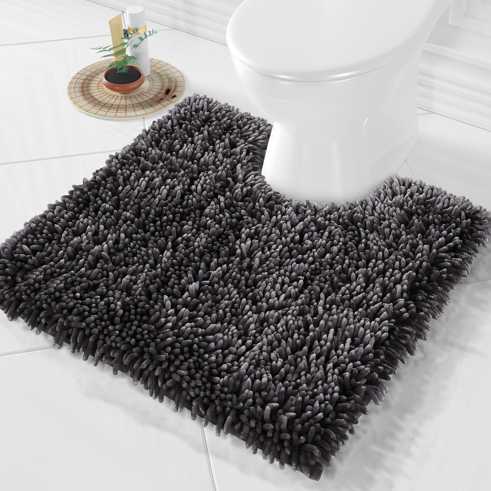 Yimobra Toilet Rugs U Shaped Washable, Extra Thick Soft Absorbent Chenille Contour Bathroom Rugs for Toilet 24x24 Inch, Quick Dry Non Slip Toilet Mat for Bath Floor, Dark Grey