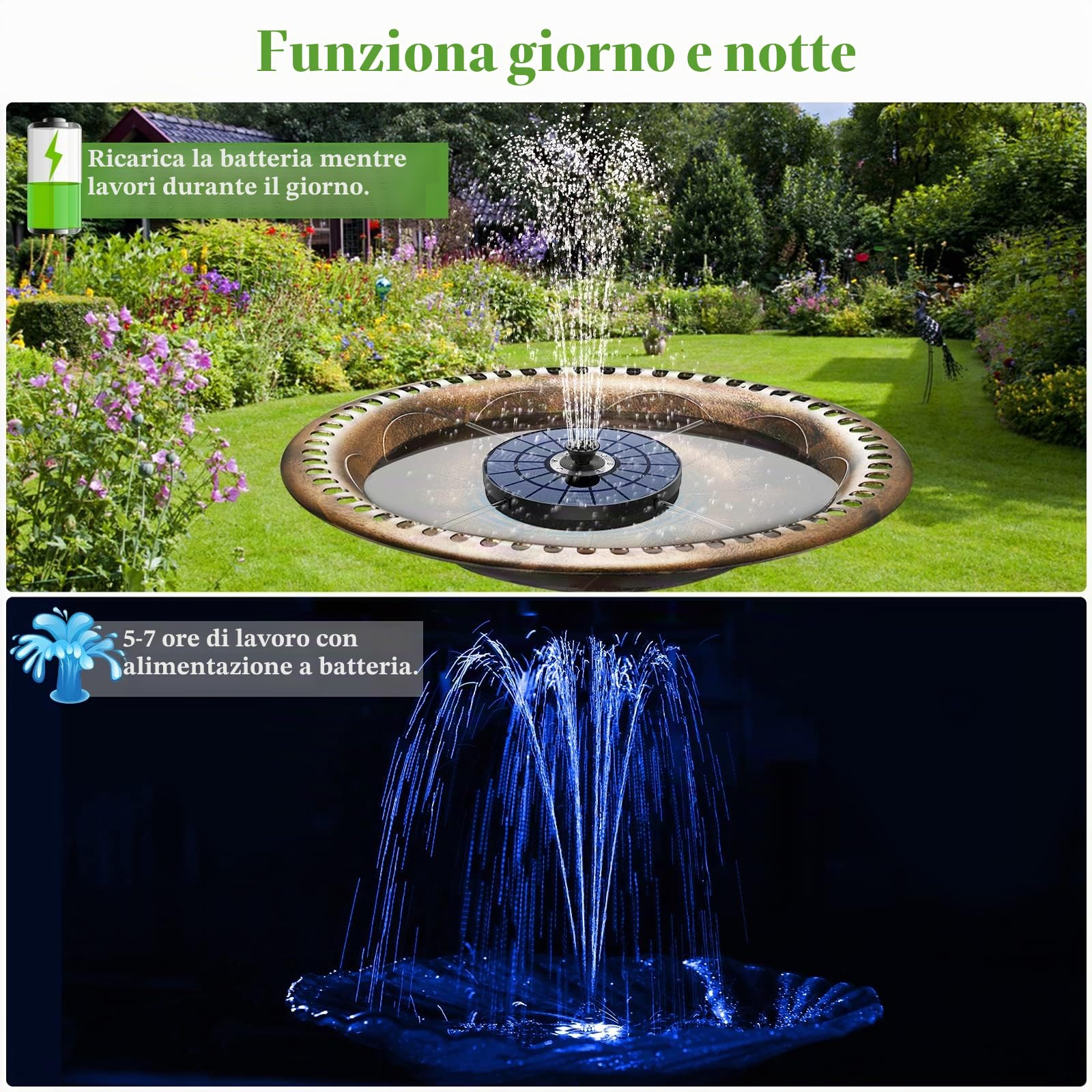 AISITIN Fontana Solare da Giardino Esterno 5,5W con Luci LED - Pompa ad Energia Solare con 7 Effetti Ugelli e 4 Fissatori - Galleggiante Fontana Solare per Laghetto/Stagni/Vasca Uccelli/Giardino