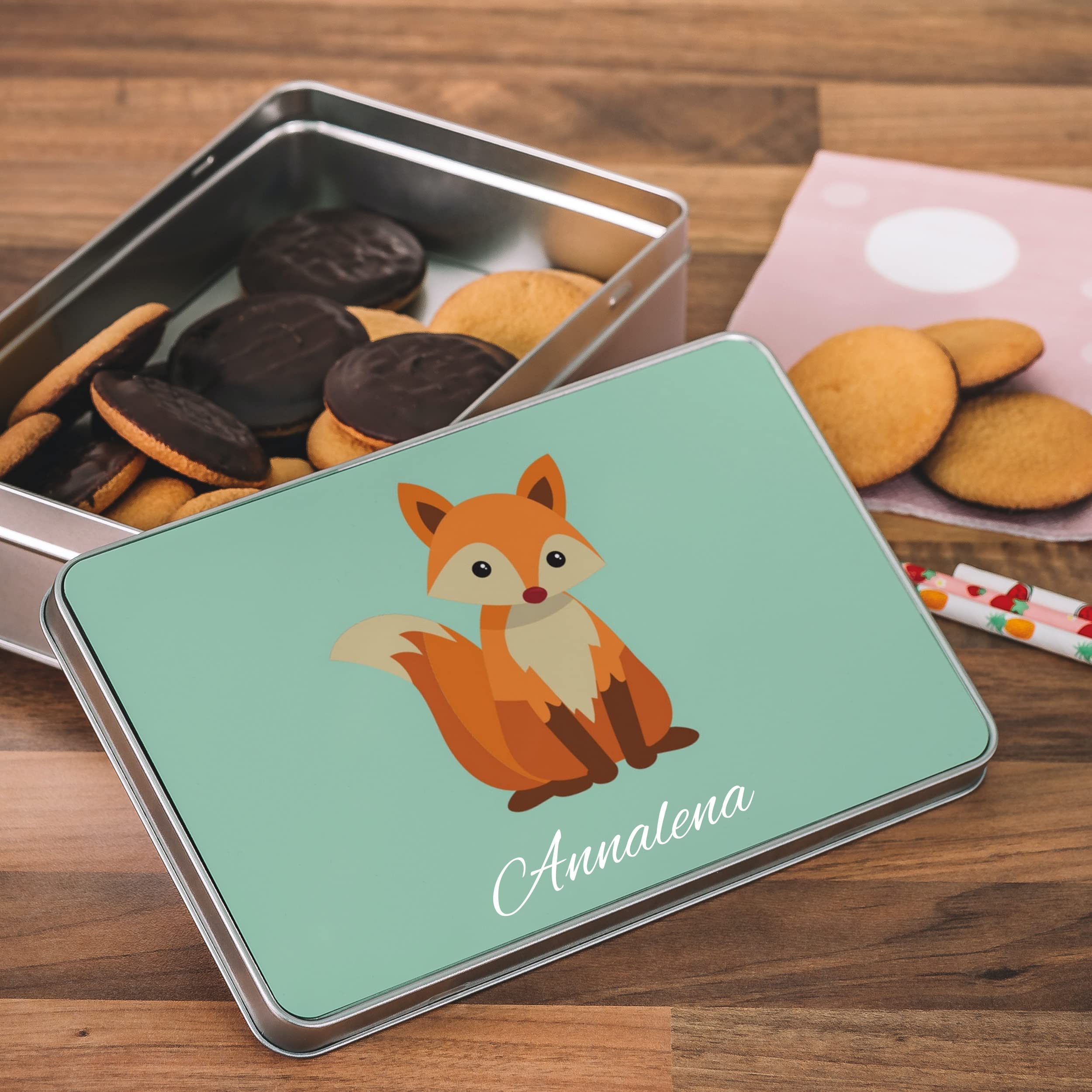 STEMPEL-FABRIK – personalisierte Metalldose eckig (20x13x5 cm | Fuchs) mit Namen – bedruckte Geschenkdose für Kinder – Keksdose mit Tiermotiv – Vorratsdose für Kekse, Plätzchen, Kaffee, Tee uvm.