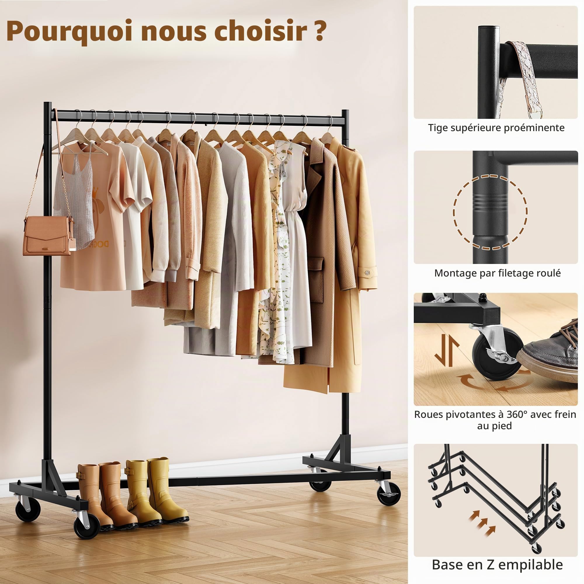 Hoctieon portant vetement robuste sur roulettes, tringles à vêtements stables en métal, portemanteau pour chambre à coucher, étendoir à linge pour manteaux,charge 110lbs, L146x61x162cm, noir