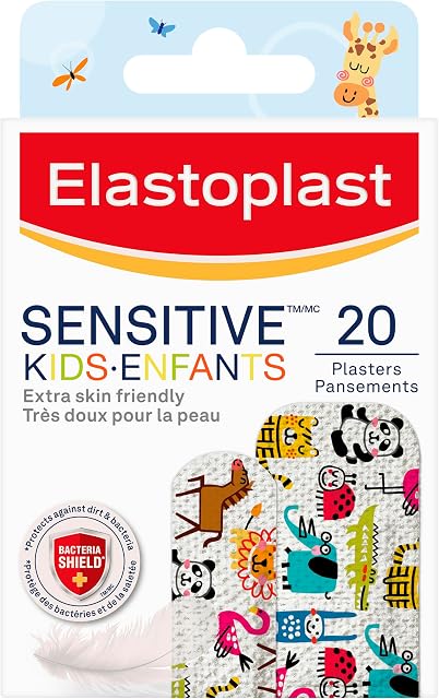 Bandages Élastoplast Sensibles pour Enfants pour Soins des Plaies et Trousse de Premiers Secours, Bandages Hypoallergéniques Extra Doux, Protection Contre les Bactéries, Retrait Indolore, Sans Latex, Fournitures de Premiers Secours, 2 Tailles, 20 Bandes