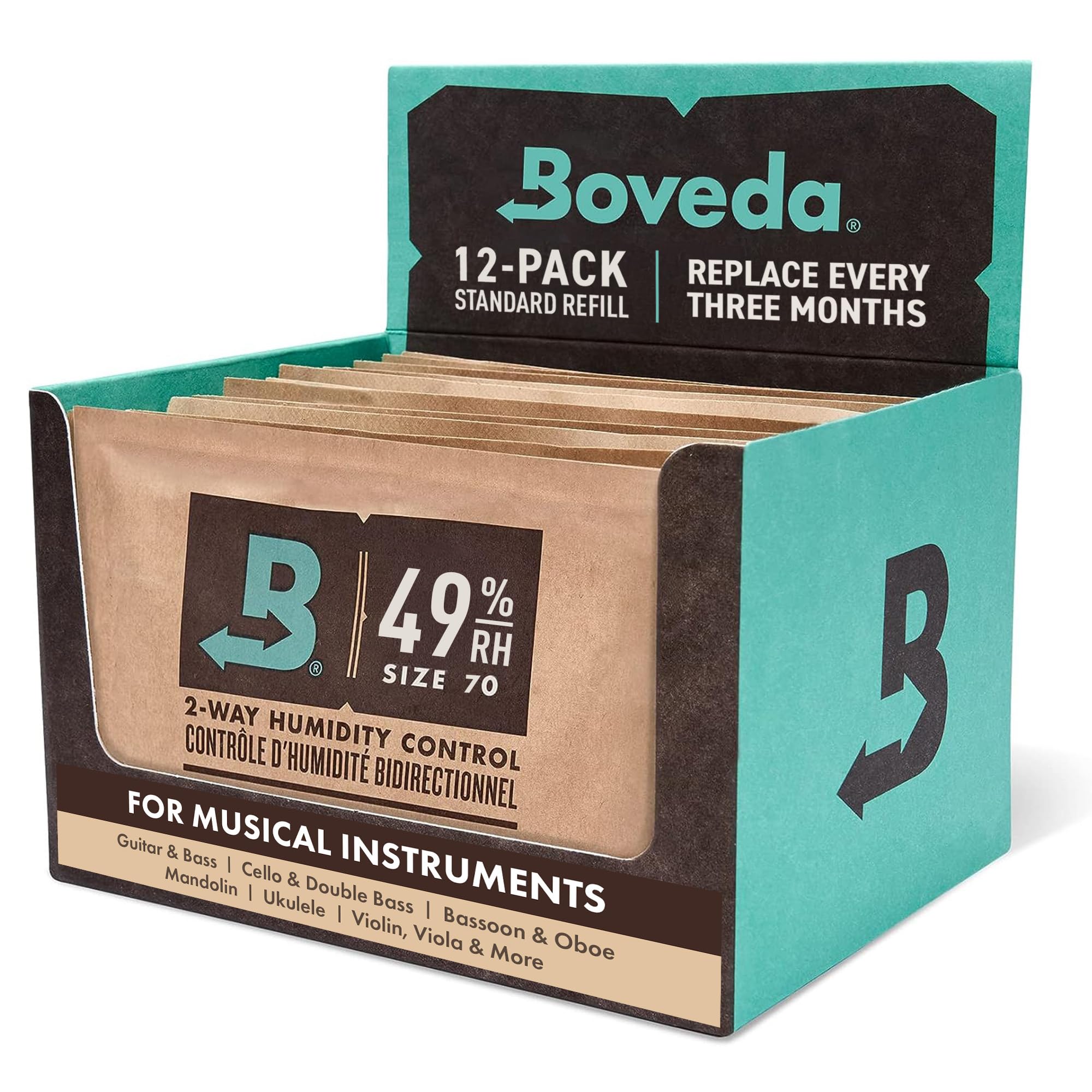 Boveda 49% Two-Way Humidity Control Replacement Packs for Boveda Starter Kits for Music – 12 Pack – Moisture Absorbers for Instrument Cases – Humidifier Packs – Individually Wrapped Hydration Packets