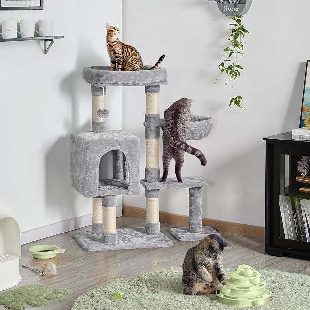 Foto 4 de 8 de Yaheetech Rascador pequeño para Gatos Estable con Cueva y Tabla para rascar, Color Gris Claro