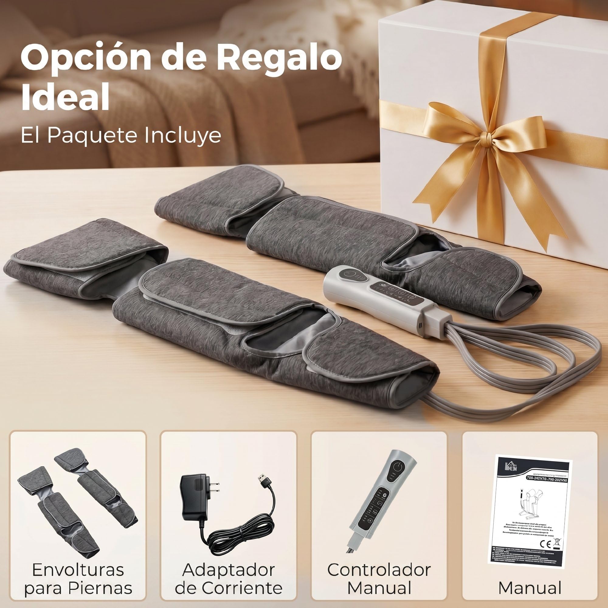 HOMCOM Masajeador de Piernas con Calor y Compresión de Aire Presoterapia | para Casa, 3 Modos, para Pantorrillas, Muslos y Pies, Alivio de la Fatiga, para Mujer y Hombre