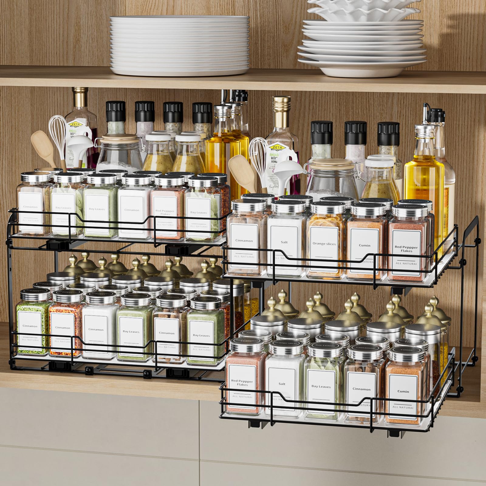 BOIVSHI Étagère à épices à 2 niveaux, étagère à épices extractible pour armoire, panier en métal robuste réglable en hauteur pour armoires et garde-manger (29,5 x 26,7 x 24,1 cm (l x P x H)