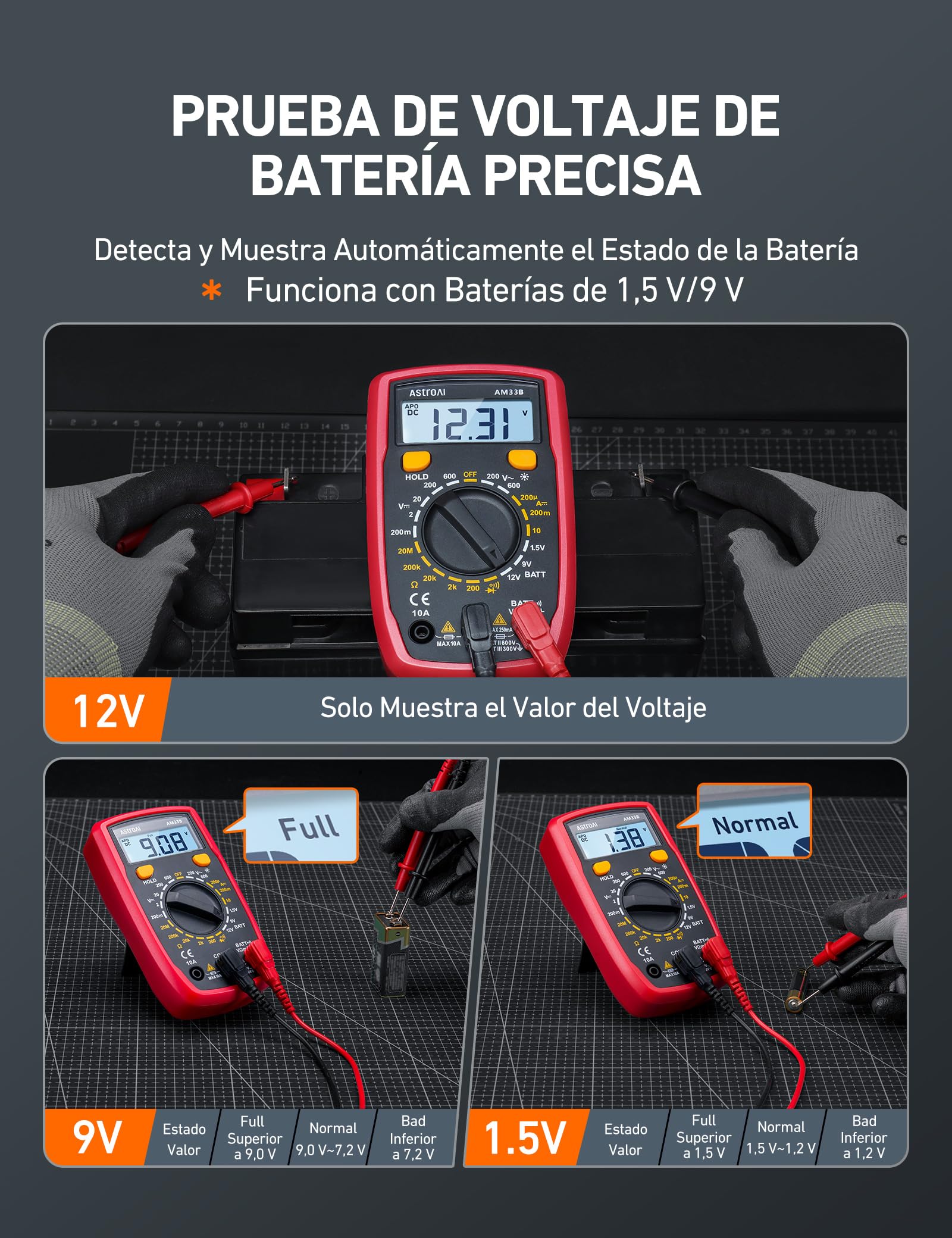 AstroAI Multímetro Digital, Polímetro Profesional, Voltímetro, Tester Electricista, Multimeter para Corriente CC, Voltaje CA/CC, Resistencia, Continuidad y Diodos de Prueba, Negro - 5