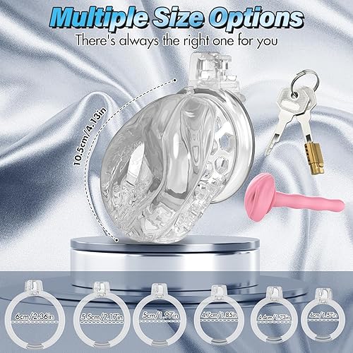 Miniatura 7 de Jaula de castidad masculina  Jaula de pene suave y ligera con clítoris vaginal realista y anillos de 6 tamaños, cómodo dispositivo de castidad de