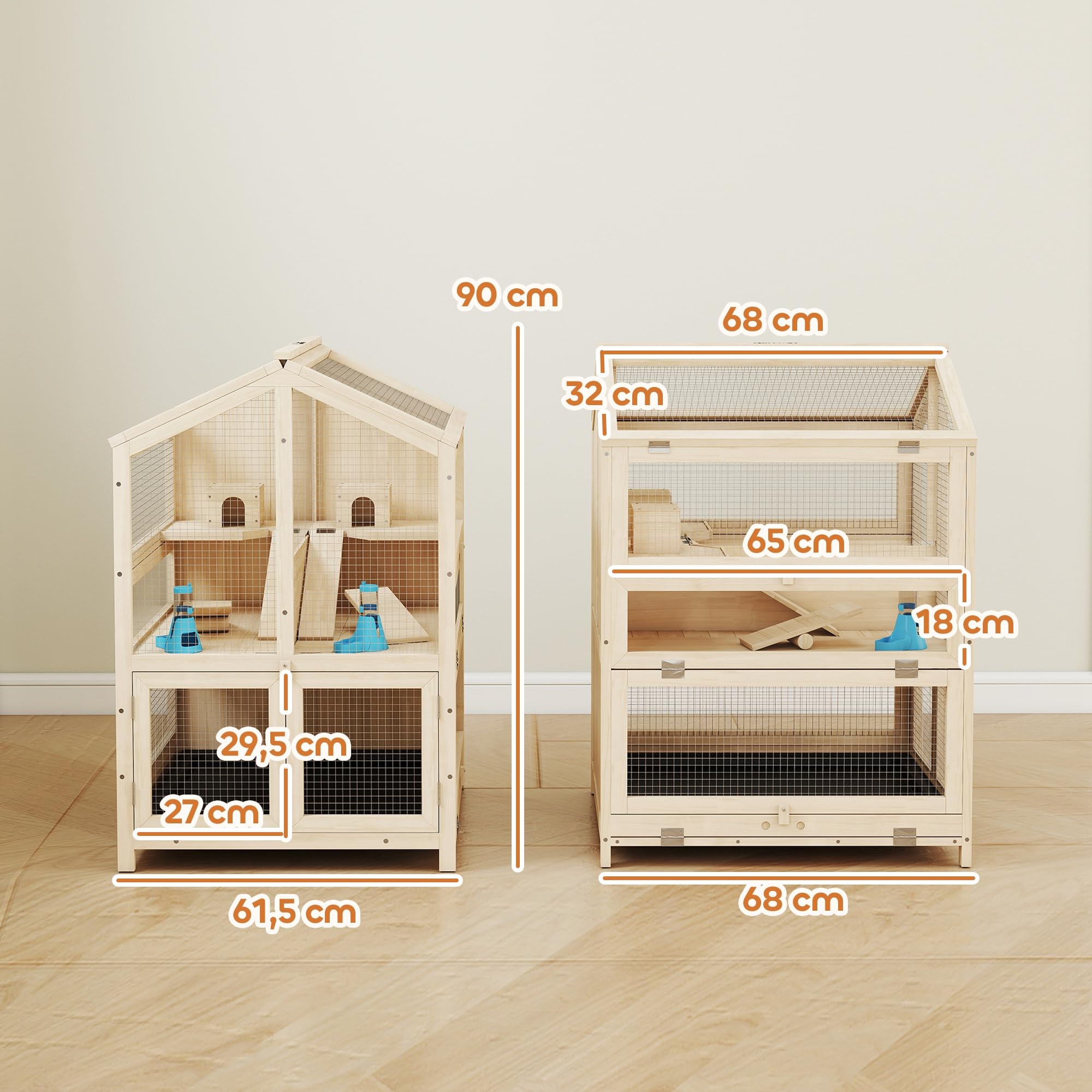 Pawhut Criceto a 3 piani in legno, vassoio rimovibile, 68 x 61,5 x 90 cm, naturale | Habitat per roditori, dondolo, bottiglia d'acqua, finestra, capanna, coperchio apribile, per piccoli animali