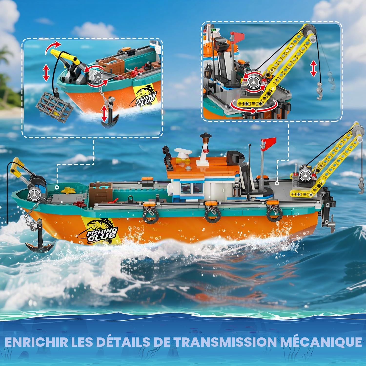 Ensemble de construction de quai pour bateaux de pêche urbains - Kit de construction de bateaux de pêche en mer flottants Cadeau d'anniversaire pour enfants de 6, 7, 8, 9, 10 ans et plus, 762 pièces