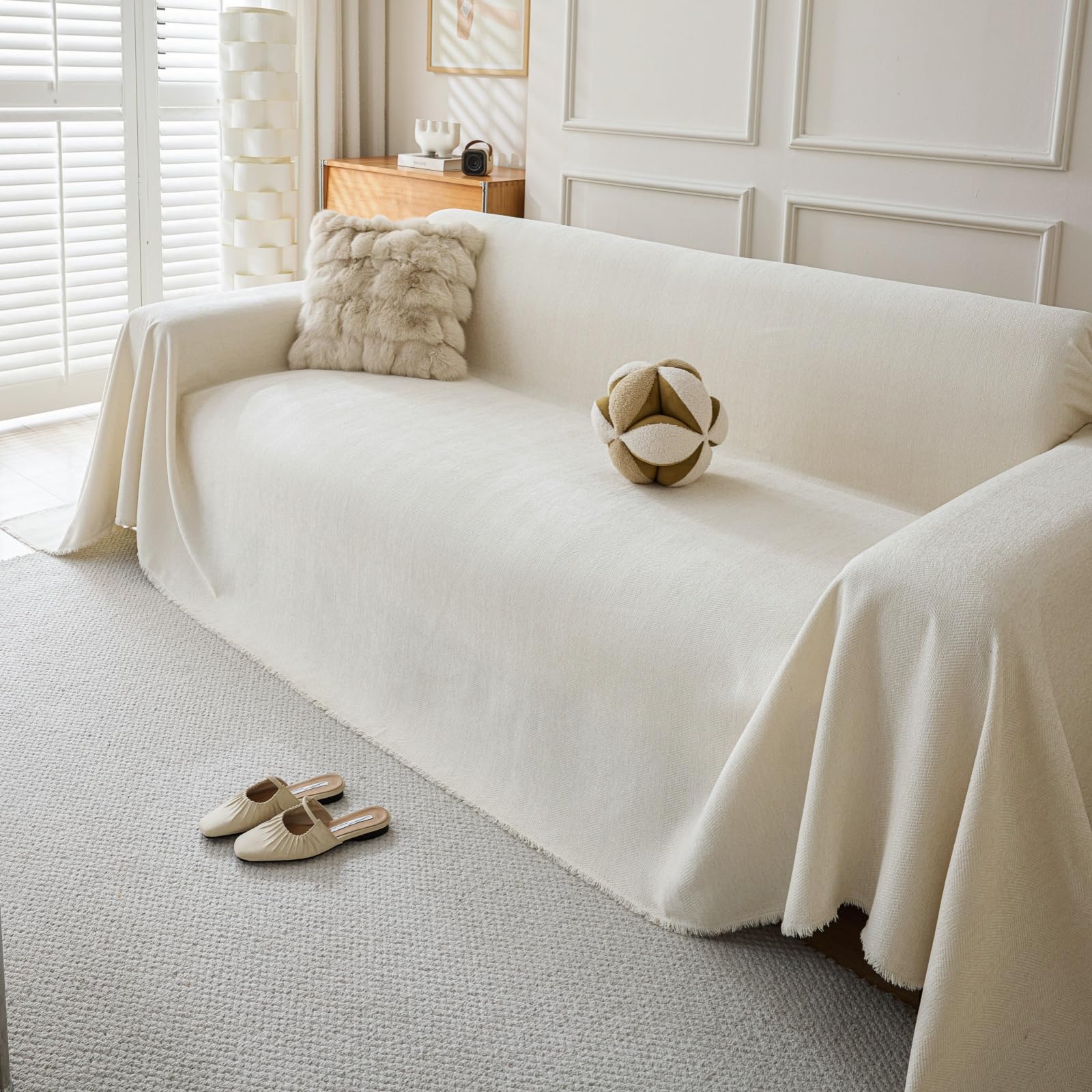 TAOTAOGO Chenille Sofa Large Throw Blanket For 4 Seater Extra Large Throws for Sofa, Soft Throw for Chair Couch and Bed Throw C Cream Beige 180x380