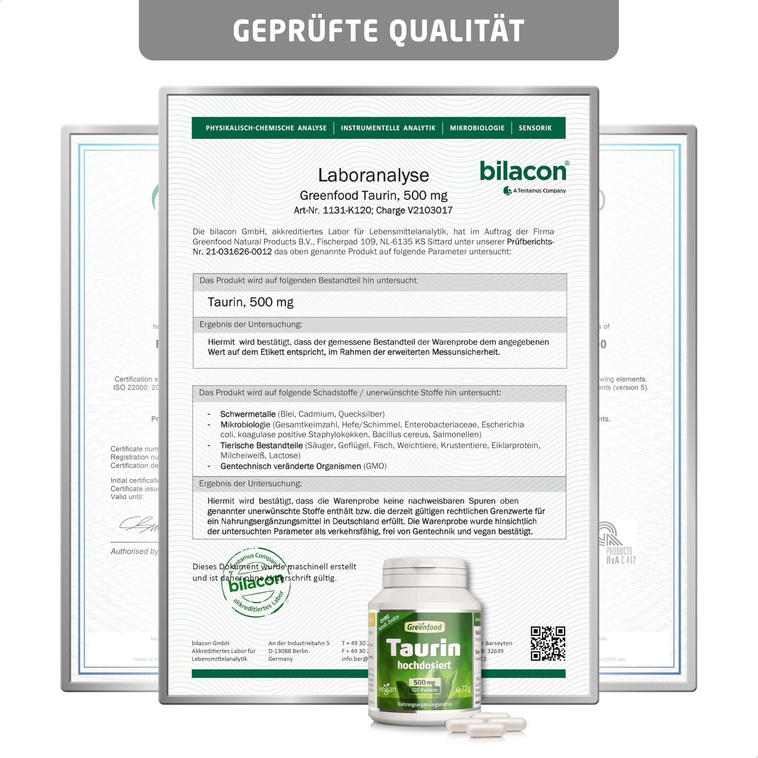 Taurin, hochdosiert, 500mg - 120 Kapseln, vegan. Taurin – bekannt aus Energy-Drinks. OHNE künstliche Zusätze - laborgeprüft. Von Greenfood.