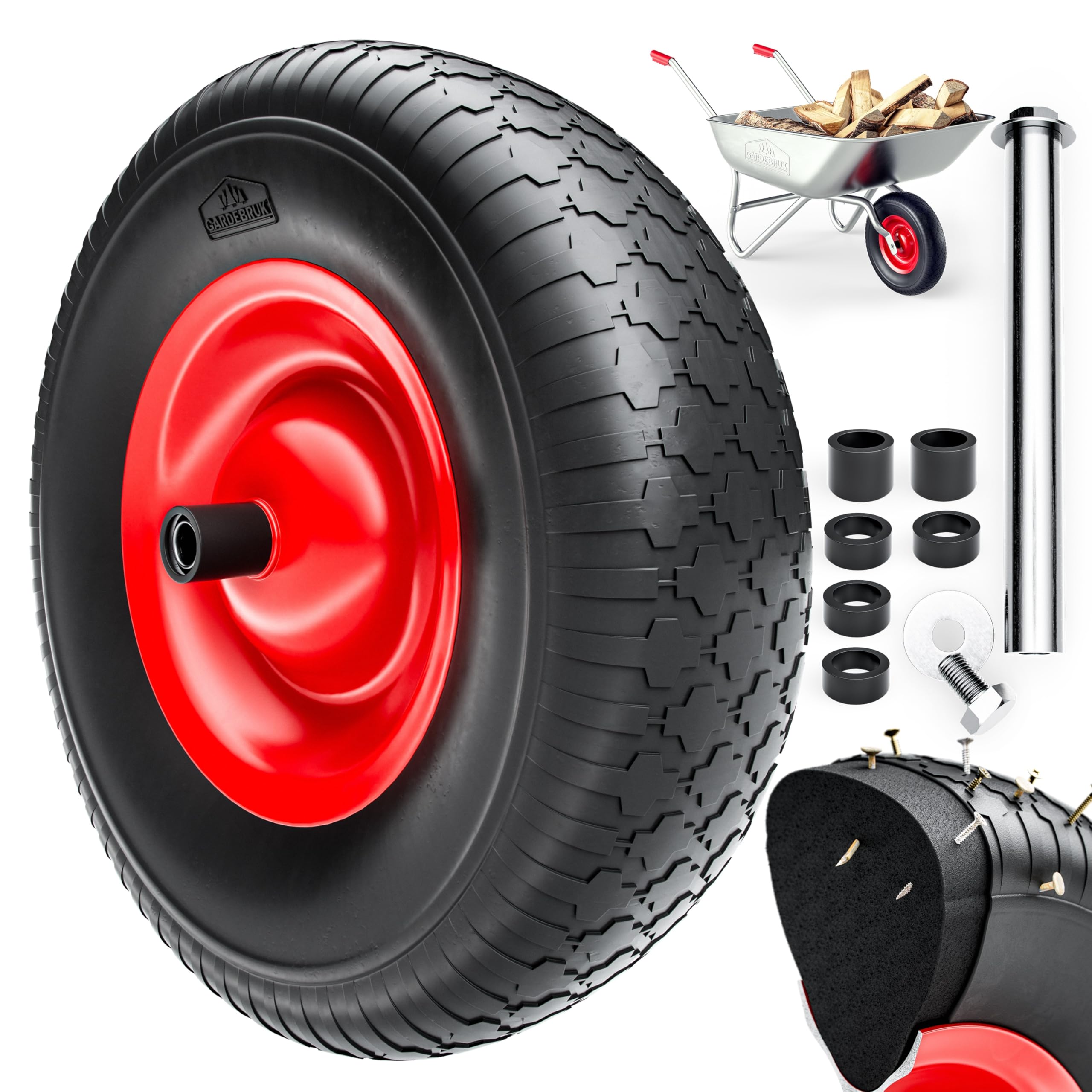 GARDEBRUK® Roue de brouette increvable Caoutchouc Plein PU 4.80/4.00-8 Ø390mm Jante Acier 200kg axe Roue de Secours Remplacement brouette Pneu