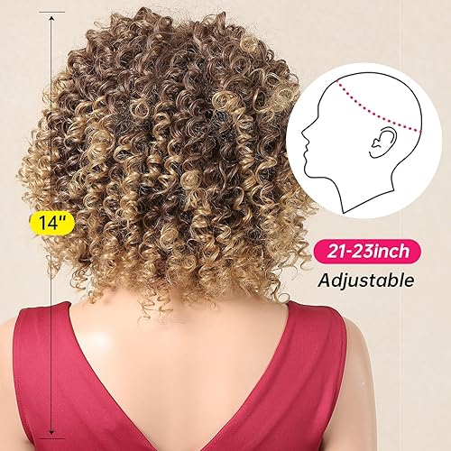 Miniatura 3 de Allbell Pelucas cortas y rizadas para mujeres negras, peluca rubia suave y rizada con flequillo, rizos afro, resistente al calor, peluca sintética