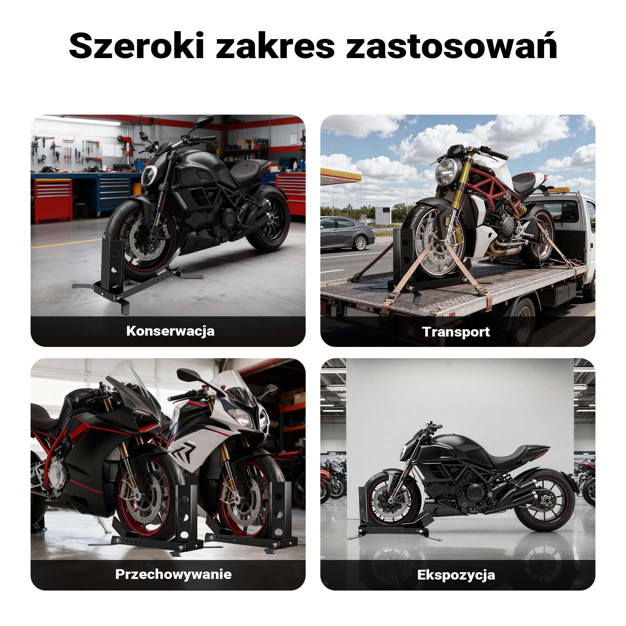 Wiltec Stojak na motocykl do przedniego lub tylnego koła 14-17" czarny do maks. 450 kg, stojak do serwisu motocyklu z otworami mocującymi