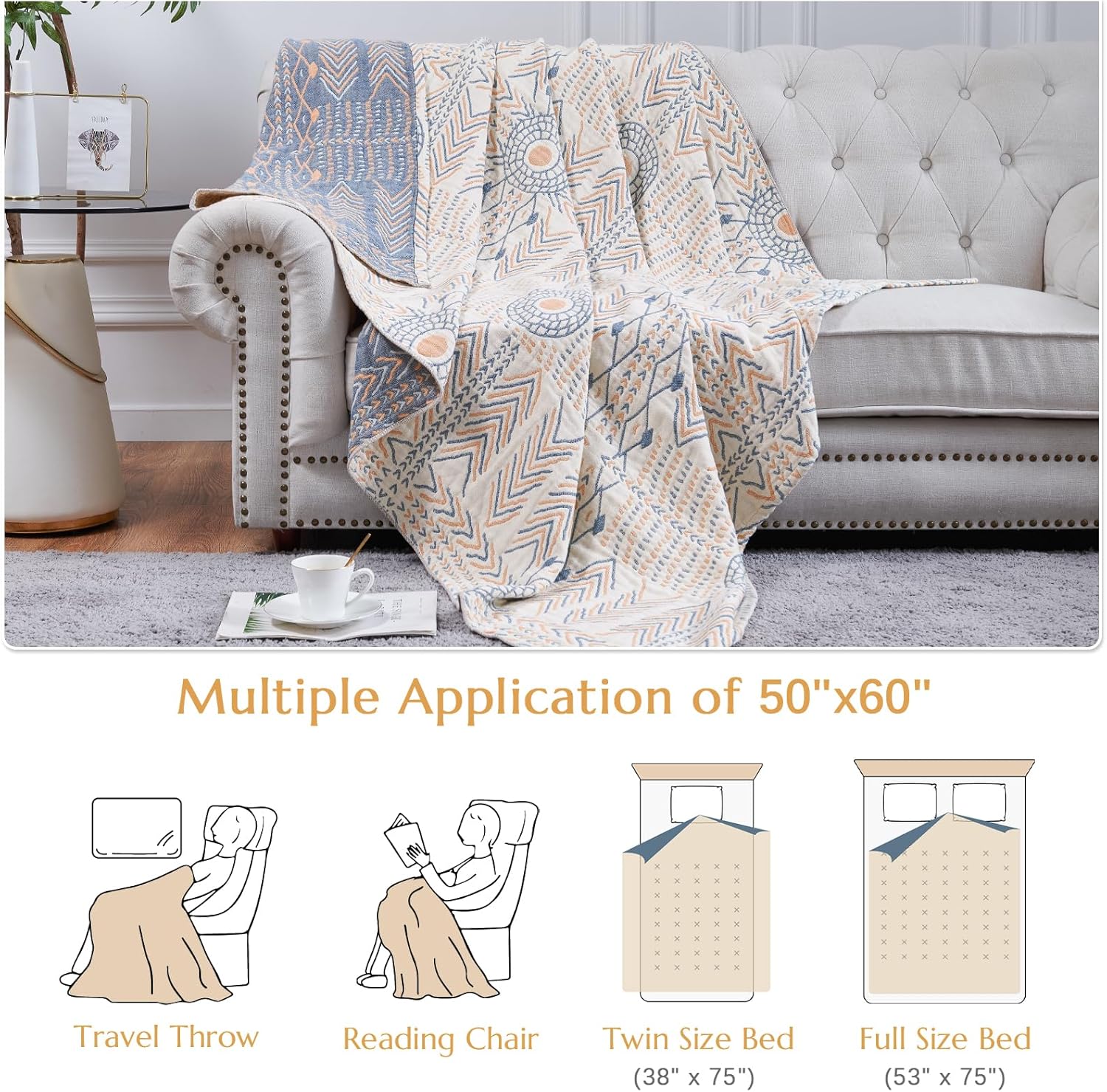 jinchan Boho 100% Cotton Muslin 50x60 Throw Blanket Lightweight 4-Layer Orange Multi Reversible Blanket Washable Breathable Decorative Geometric Striped Pattern Soft Comfy for Couch Bed All Seasons - Image 5
