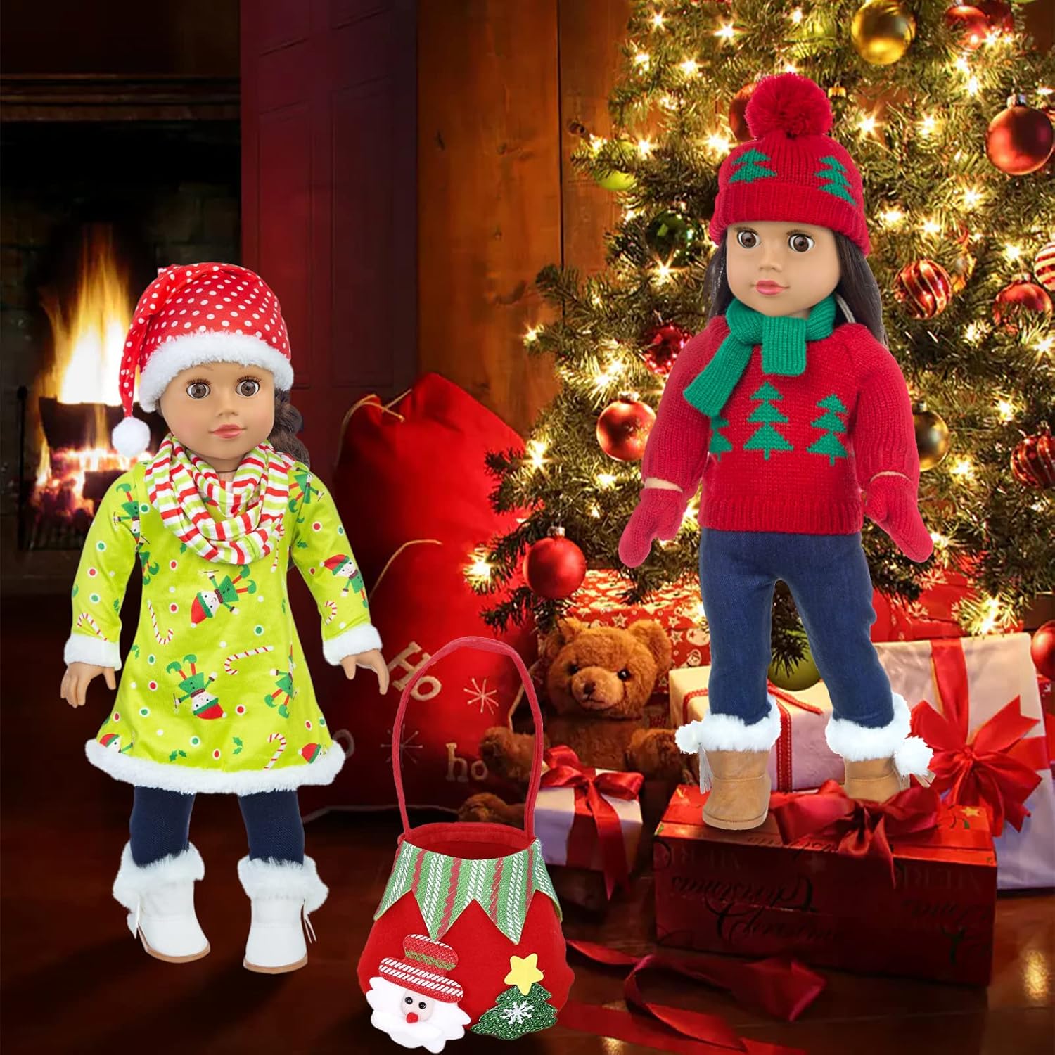 UNICORN ELEMENT 2 Sets Christmas Doll Clothes and Accessories Fit 18 Inch Girl Doll Christmas Santa Costume Including Christmas Dress, Sweater, Hairpin, Hat, Scarf, Boots, etc