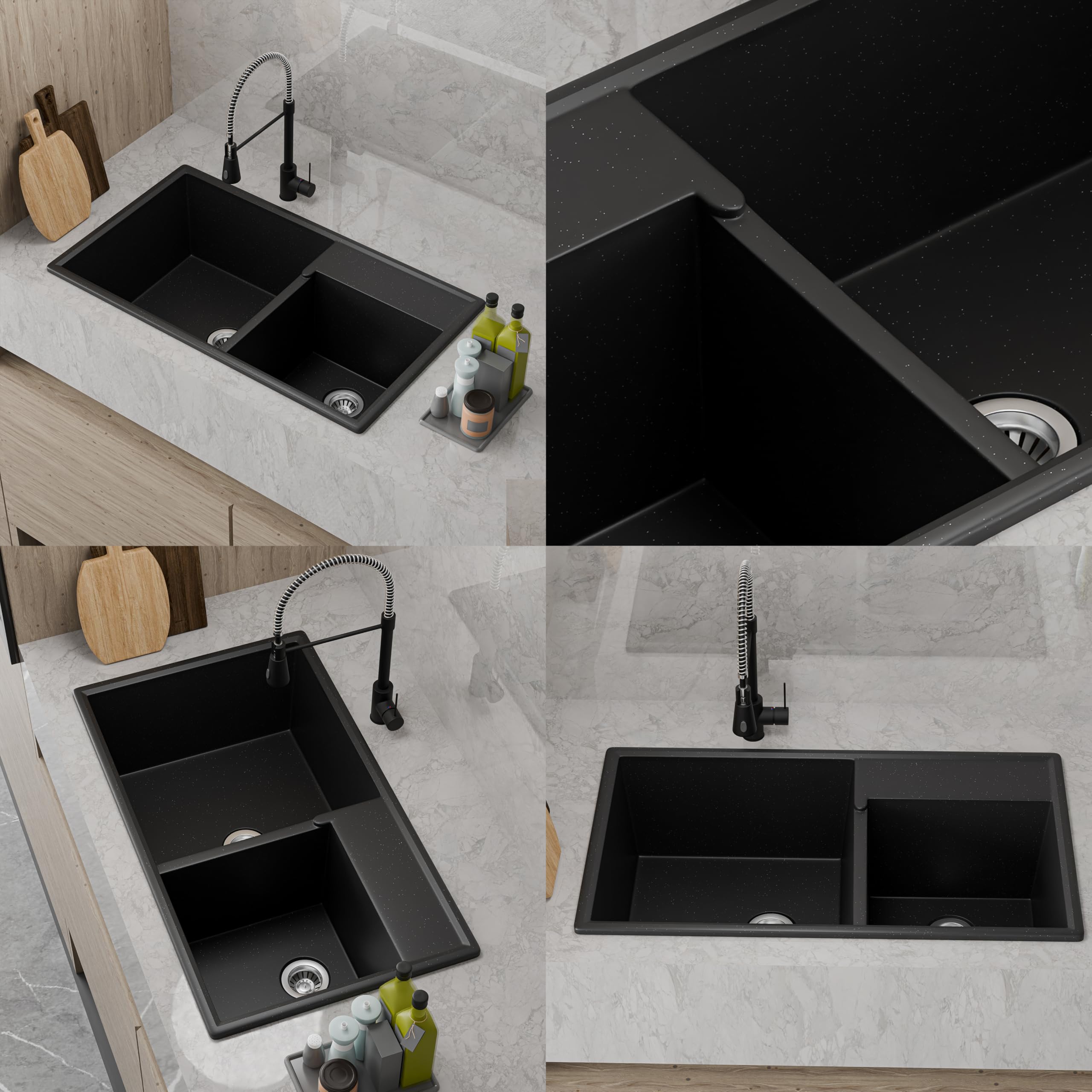 HISRE Quartz Kitchen Sink | 31x18x9 Inches Double Bowl Quartz Sink for Kitchen | UV Protected Sound Dampening Scratch Resistant Noise Reducing Durable and Easy to Clean | Black, photo 4 of 5