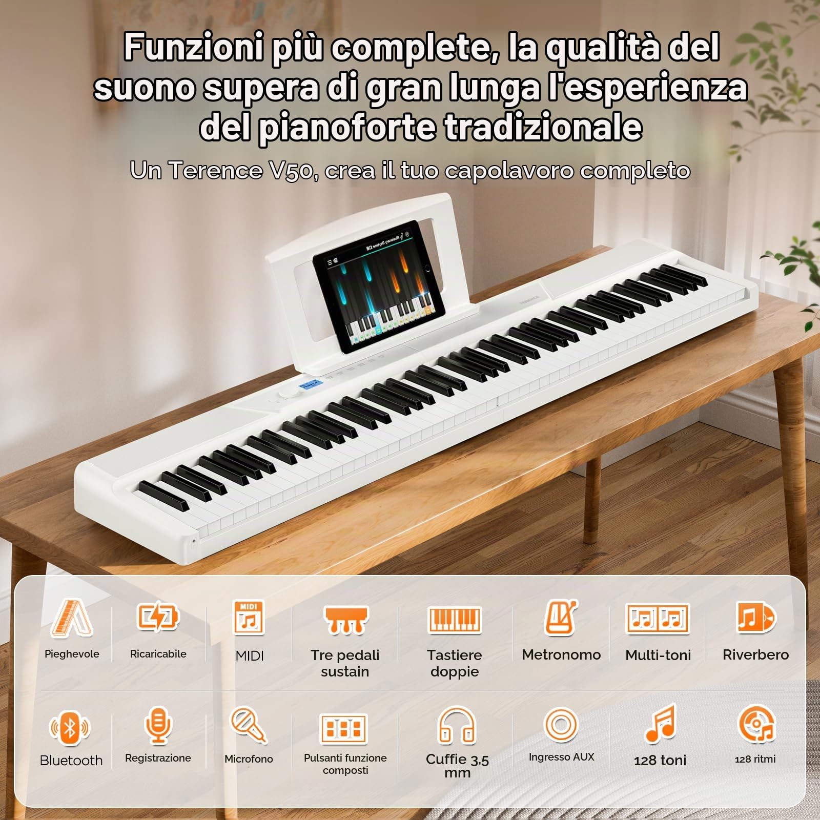 TERENCE 30W Pianoforte digitale Il pianoforte elettronico pieghevole più sottile e leggero Tastiera pesata a 88 tasti Touchpad a specchio Con interfaccia Bluetooth e MIDI Suona stili diversi Bianco
