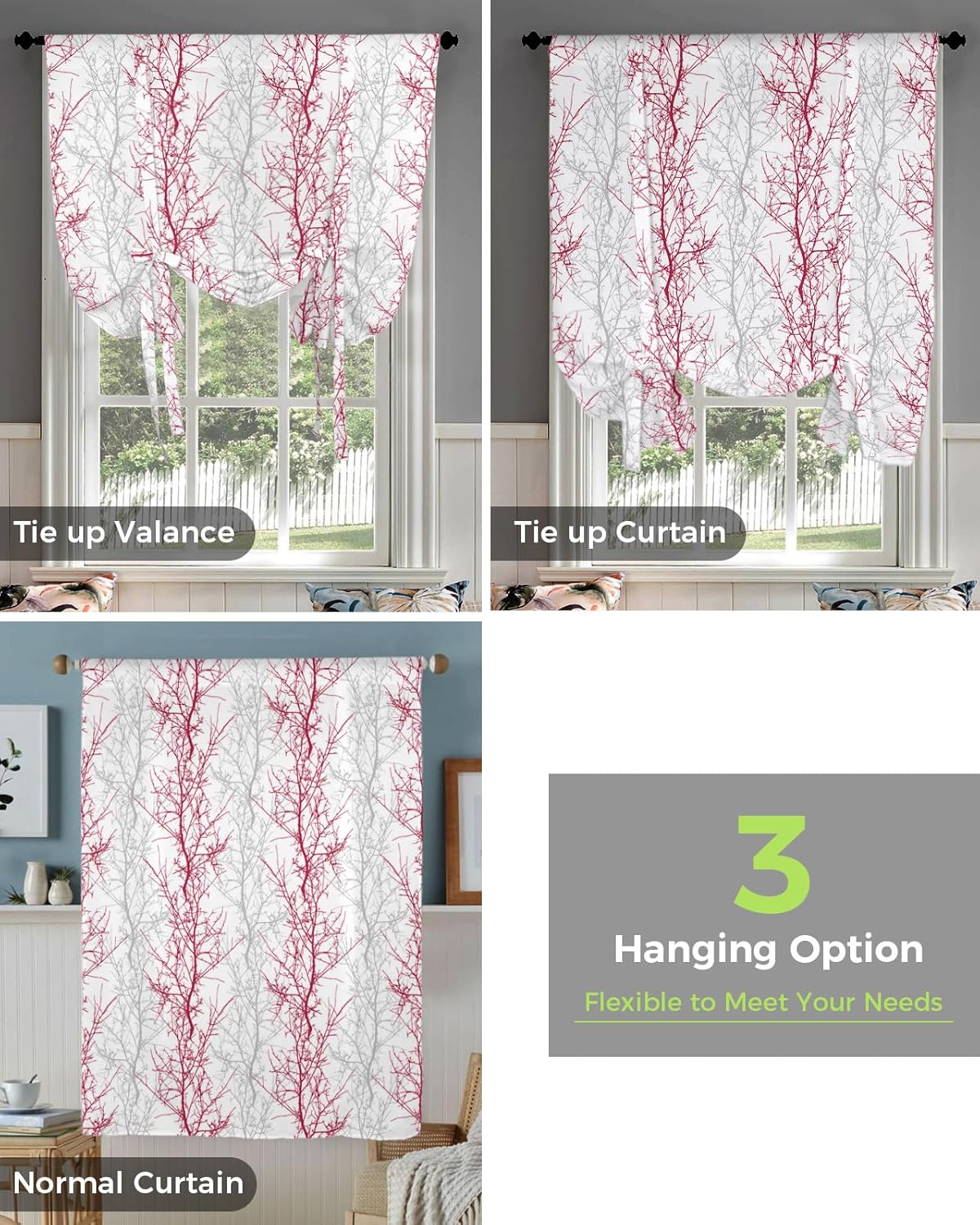 Grey Red Tie Up Valance for Kitchen Living Room, Tree Branch Valance Curtains for Windows Adjustable Valance Window Treatments Rod Pocket Drape for Cafe Bathroom Botanical Print Art Aesthetics 42"x63"