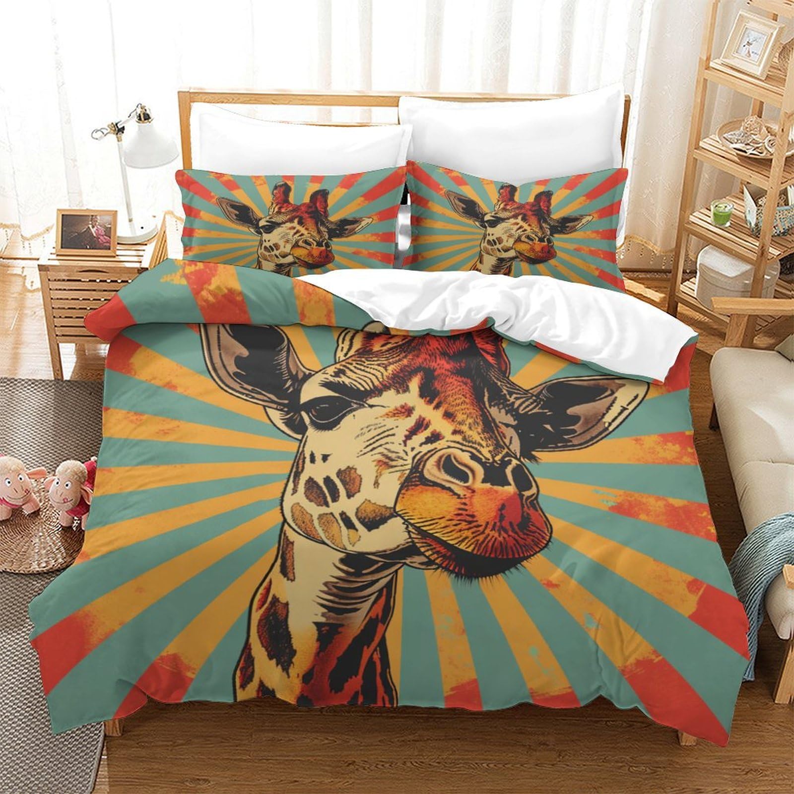 Housse de couette girafe 3D parure zippée 3 pièces en microfibre