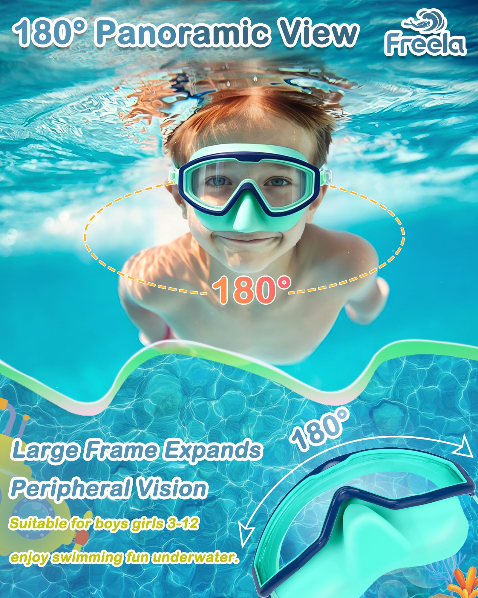 Freela Confezione da 2 occhialini da nuoto per bambini dai 3 ai 12 anni, con copertura per il naso, ampia visuale a 180°, anti-appannamento, occhiali da nuoto per ragazzi e ragazze