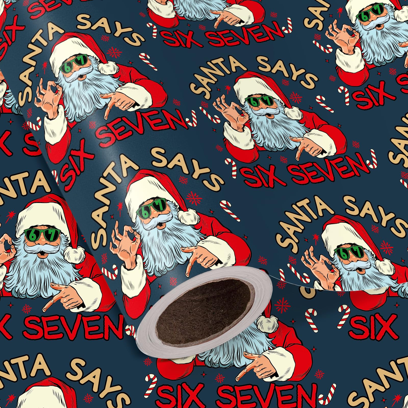 WRAPAHOLIC Funny 67 Christmas Wrapping Paper Roll - Mini Roll - 17 Inch x 16.5 Feet - Navy 67 Meme Christmas Wrapping Paper Santa Say Six Seven for Xmas Holiday, Teenage, Best Friend Santa Say Six Seven - Navy