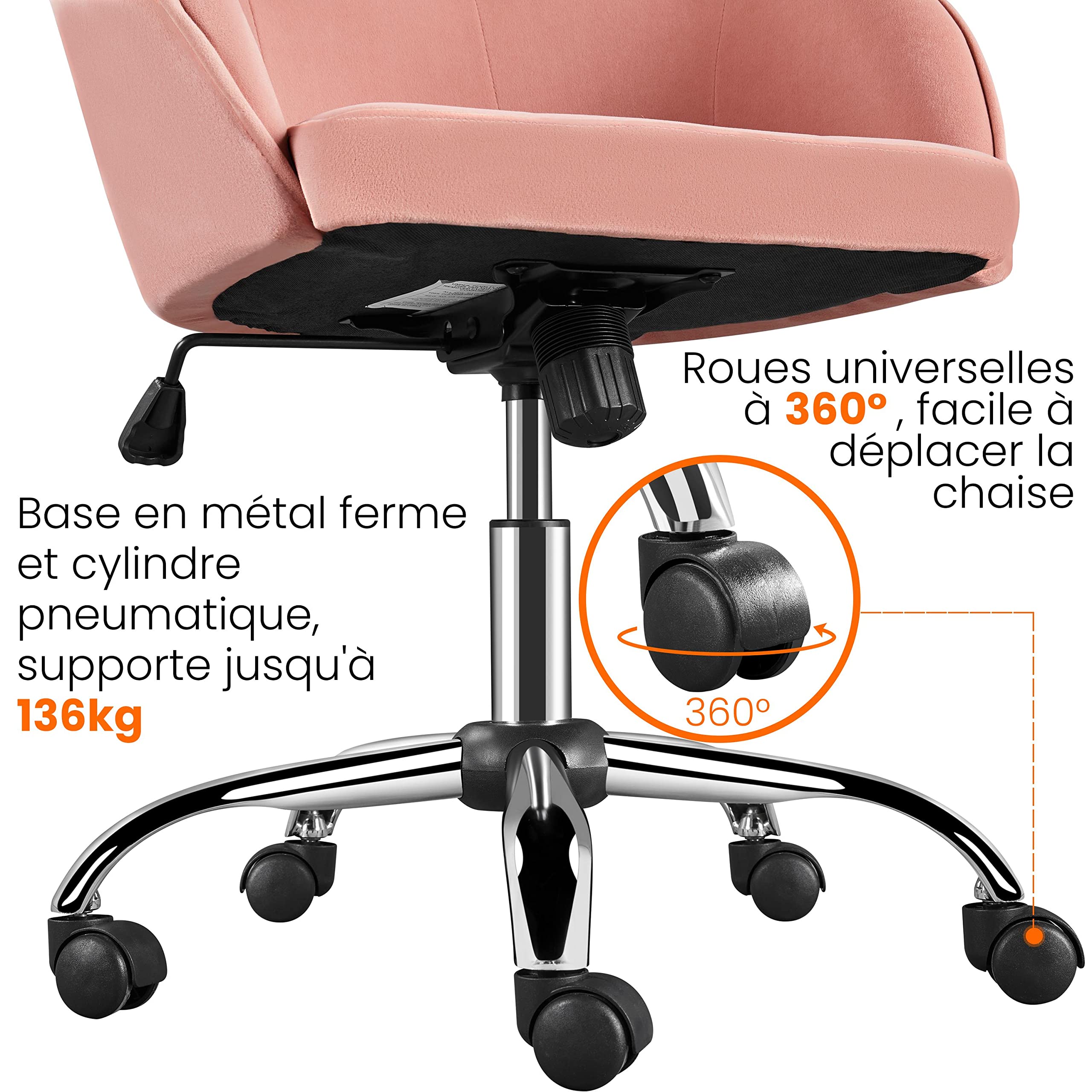 Abician Chaise de Bureau en Tissu Effet Velours Fauteuil de Bureau sur roulettes à 360° Réglable en Hauteur Cadre en Métal Charge Maximale de 136 kg Domicile Bibliothèque Rose