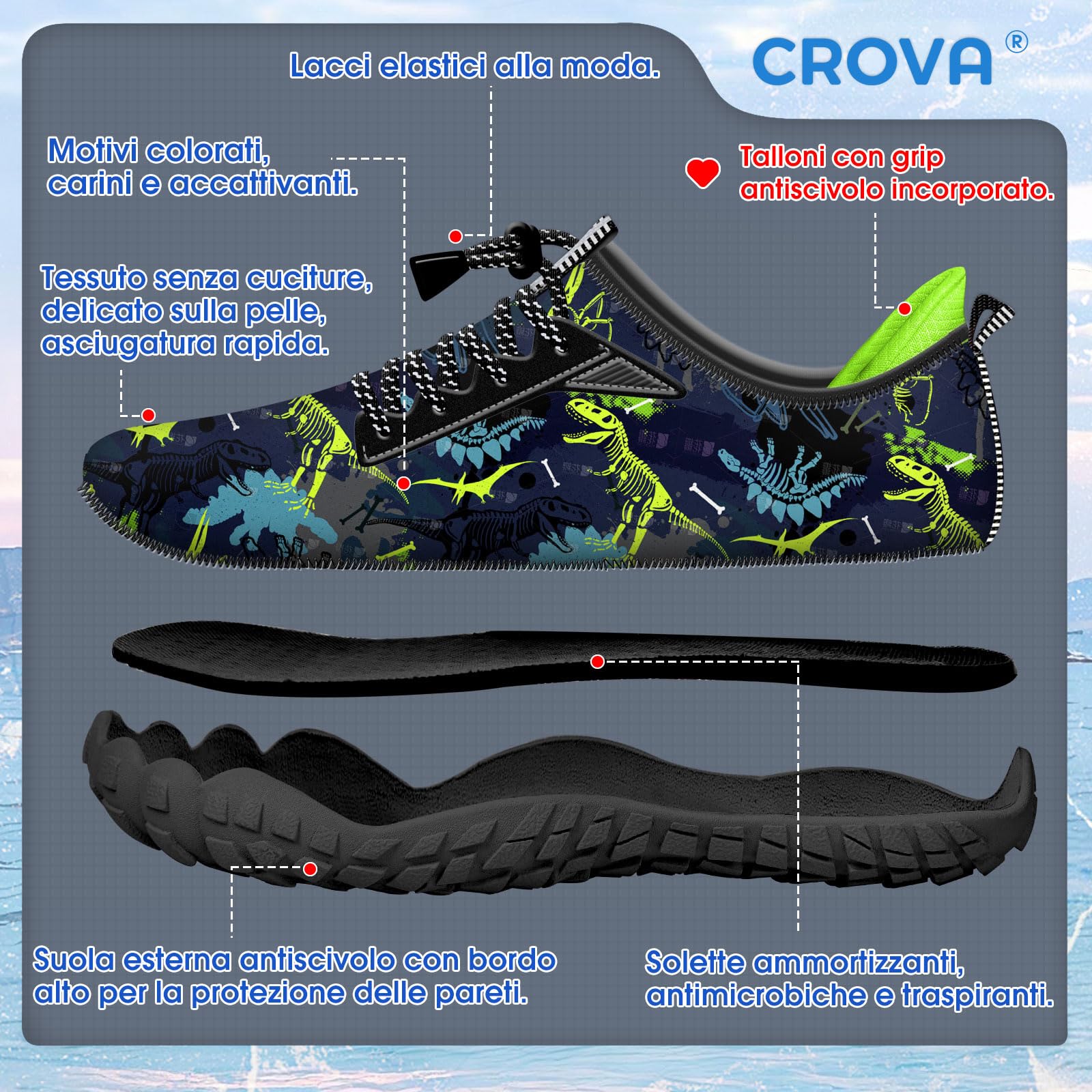 CROVA Dziecięce buty do sportów wodnych, ultralekkie, całkowicie drenażowe, szybkoschnące, do wody, wsuwane, dla chłopców, dziewcząt, maluchów