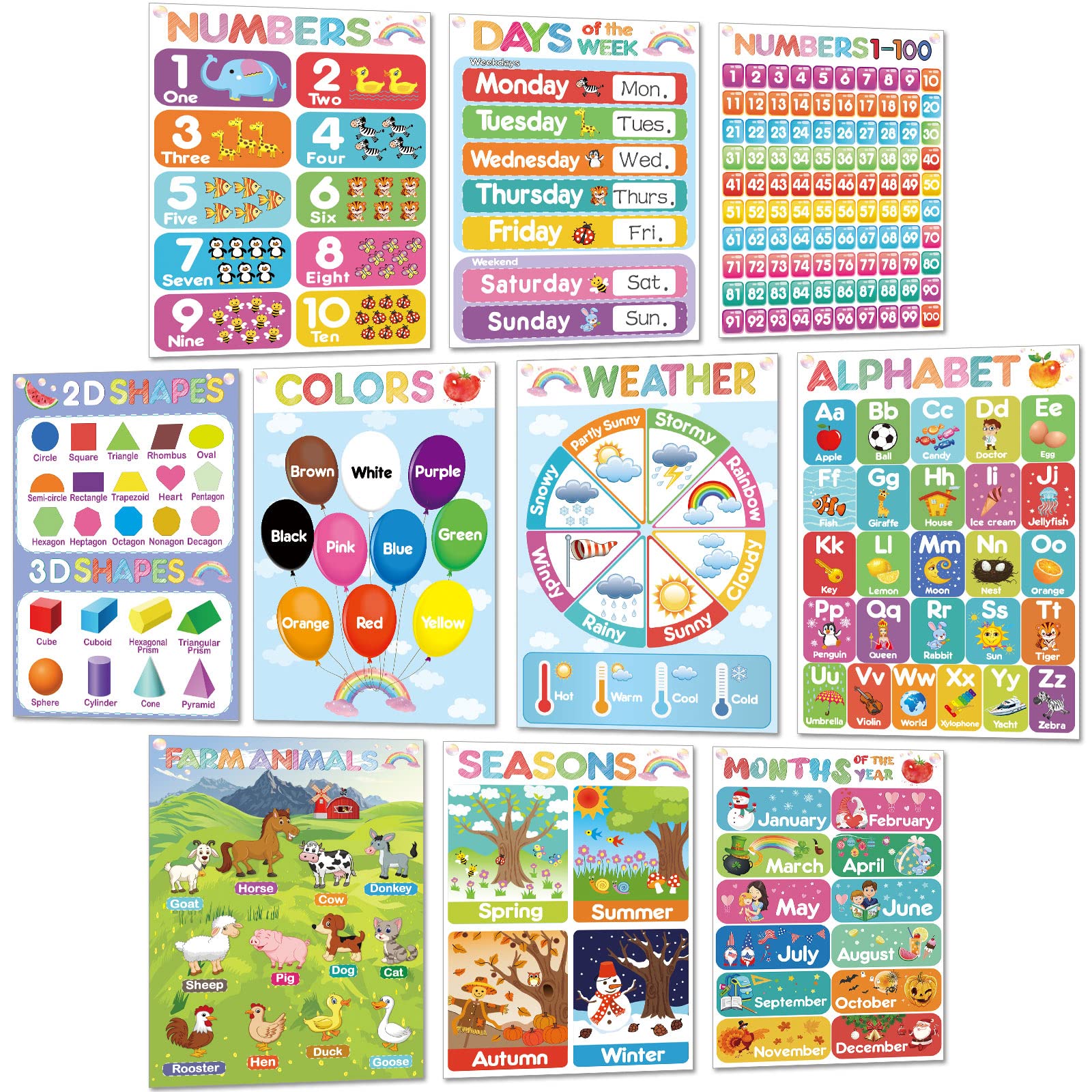 Educational Learning Posters Toddler and Preschooler Posters Classroom Posters and Decorations Teaching Words Poster Charts for Preschool, Kindergarten, Nursery, Homeschool,Playroom Decor, 10 Pieces