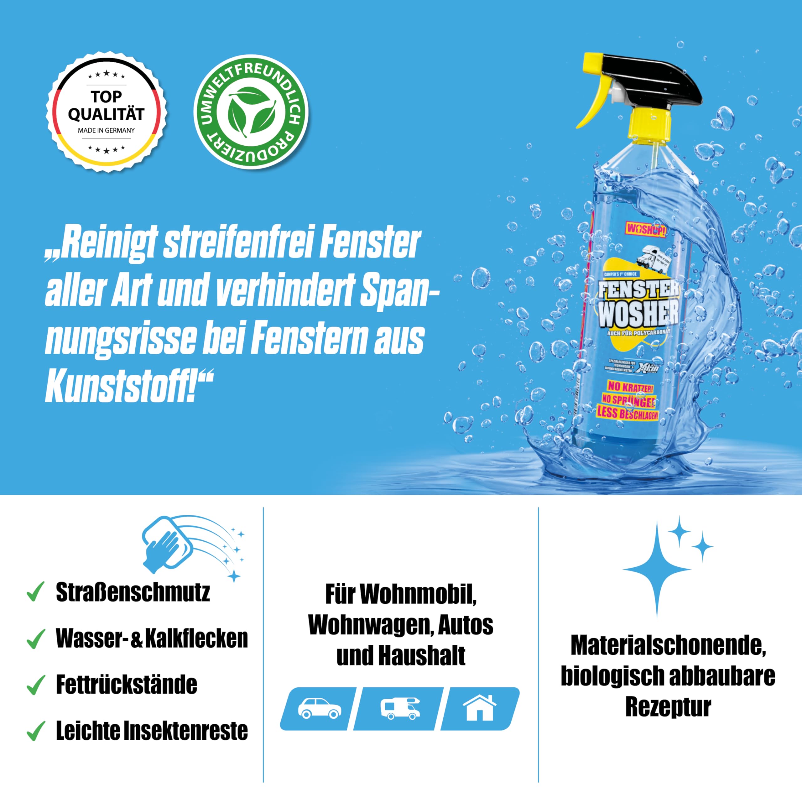 Fensterreiniger Xtra Skin Schutzfilm 10000 ml Glasreiniger für Plexiglas Acrylglas Scheibenreiniger für Wohnwagen, Wohnmobil, Auto, Caravan Streifenfreie Reinigung innen und außen