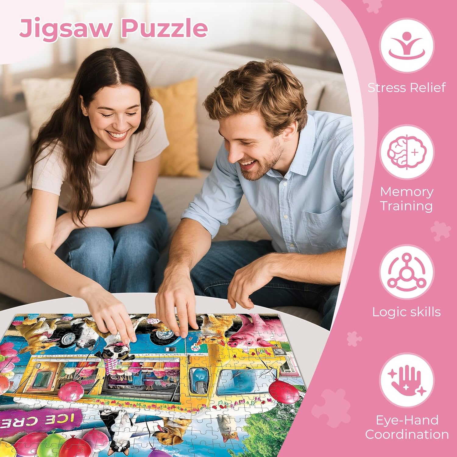 300 Piece Puzzle for Adult,Ice Cream Truck Jigsaw Puzzle,Unique Fun Colorful Summer Puzzle Large Piece,Cute Animal Puzzle for Teens Seniors,Challenging Family Activity Game Gift for Family,20.5*15In
