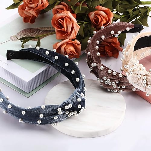 Miniatura 7 de WILLBOND Juego de diadema de perlas de terciopelo de 3 piezas, diademas anudadas para mujer (gris, beige, malva pálida)