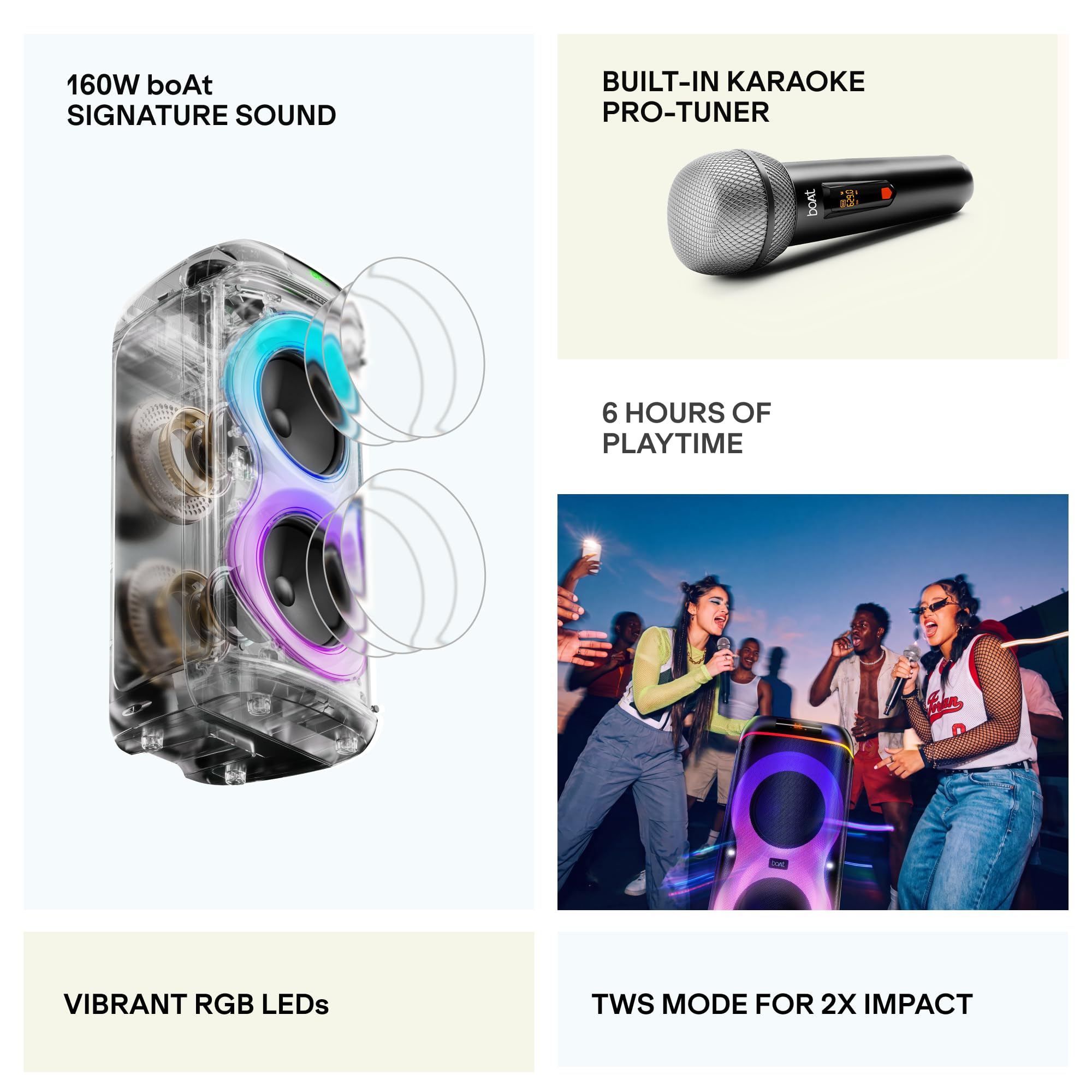 boAt 2026 Launch PartyPal 390 Plus, Karaoke Auto-Tuner, 160W Output, 1 UHF Wireless Microphone, Vibrant RGB LEDs, Hearables App Support, TWS Mode, Guitar Input Port, Multi-Compatibility (Onyx Black) — Amazon image 2