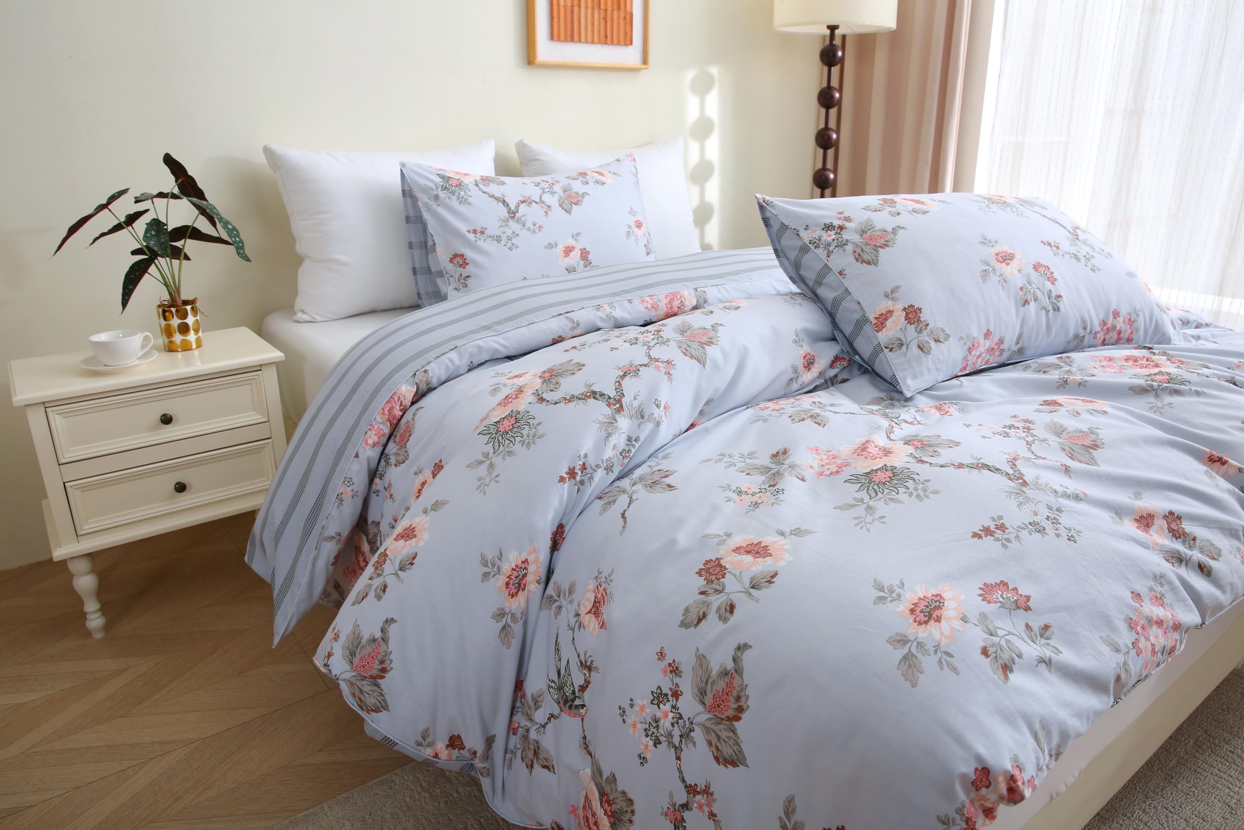 USTIDE Blue Floral Branch Bedding Set 3-Piece Super Soft Cotton Bedding Reversible Rustic Shabby Duvet Cover Set King Size - Image 3