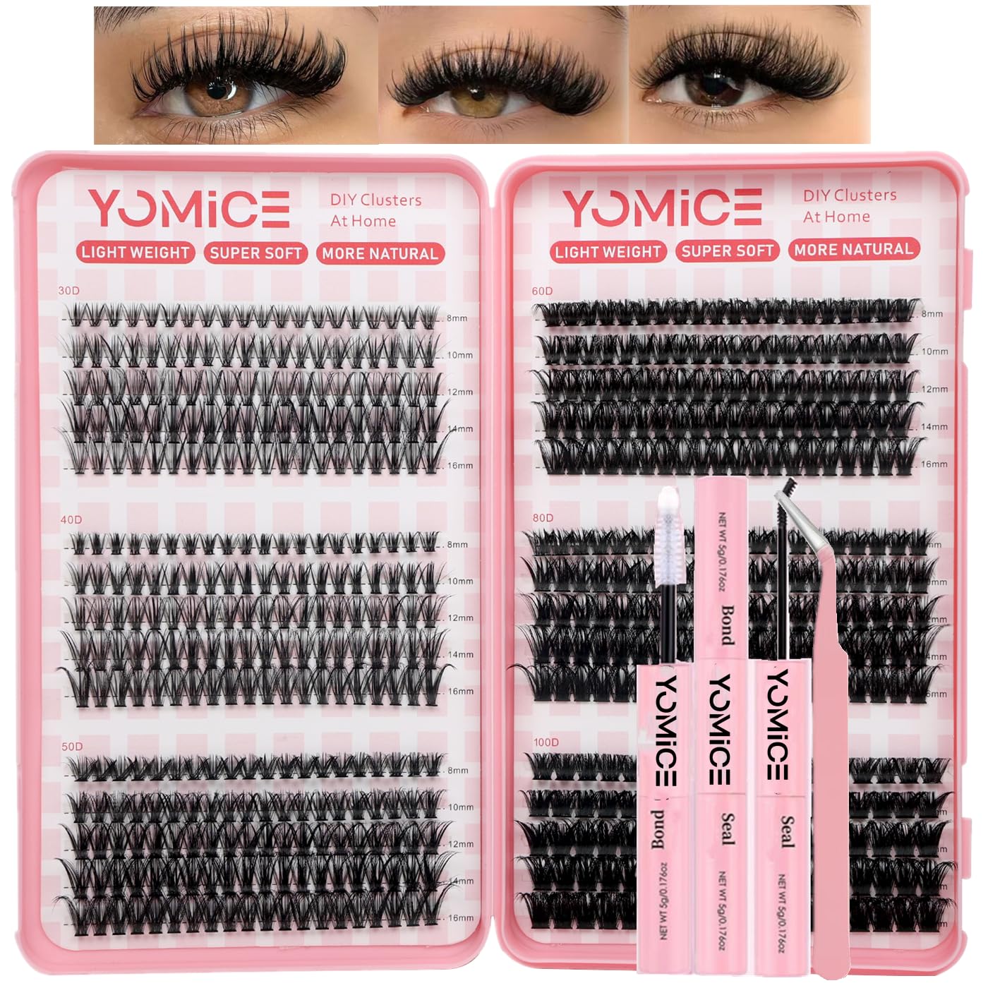 Yomice Individual Eyelashes Wispy Lash Clusters Kit 30-40-50-60-80-100D Cluster Lashes Kit DIY Eye Lashes Fluffy Russian Eyelashes Extensions with Tweezers and Bond&Seal for Girls and Women(#01kit)