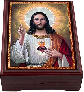 Needzo Rosary Box Sacred Heart of Jesus Wooden Icon Box, Rosary Jewelry Prayer Bead Keepsake Box 5 1/16 Inch, Religious Gift Idea For Man, Woman