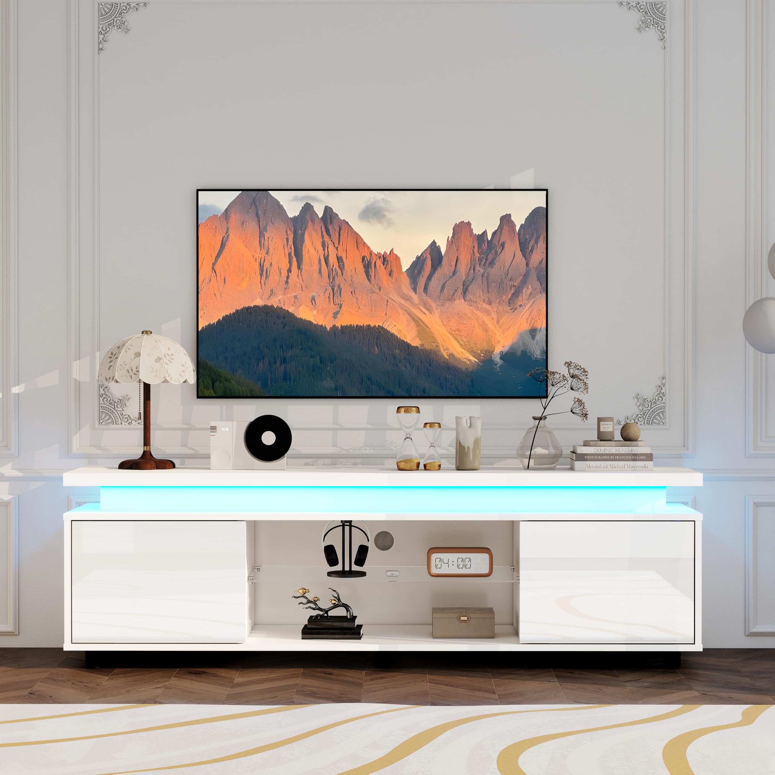 Modern 150cm TV Stand Cabinet with RGB LED Lights & Glass Shelf, White