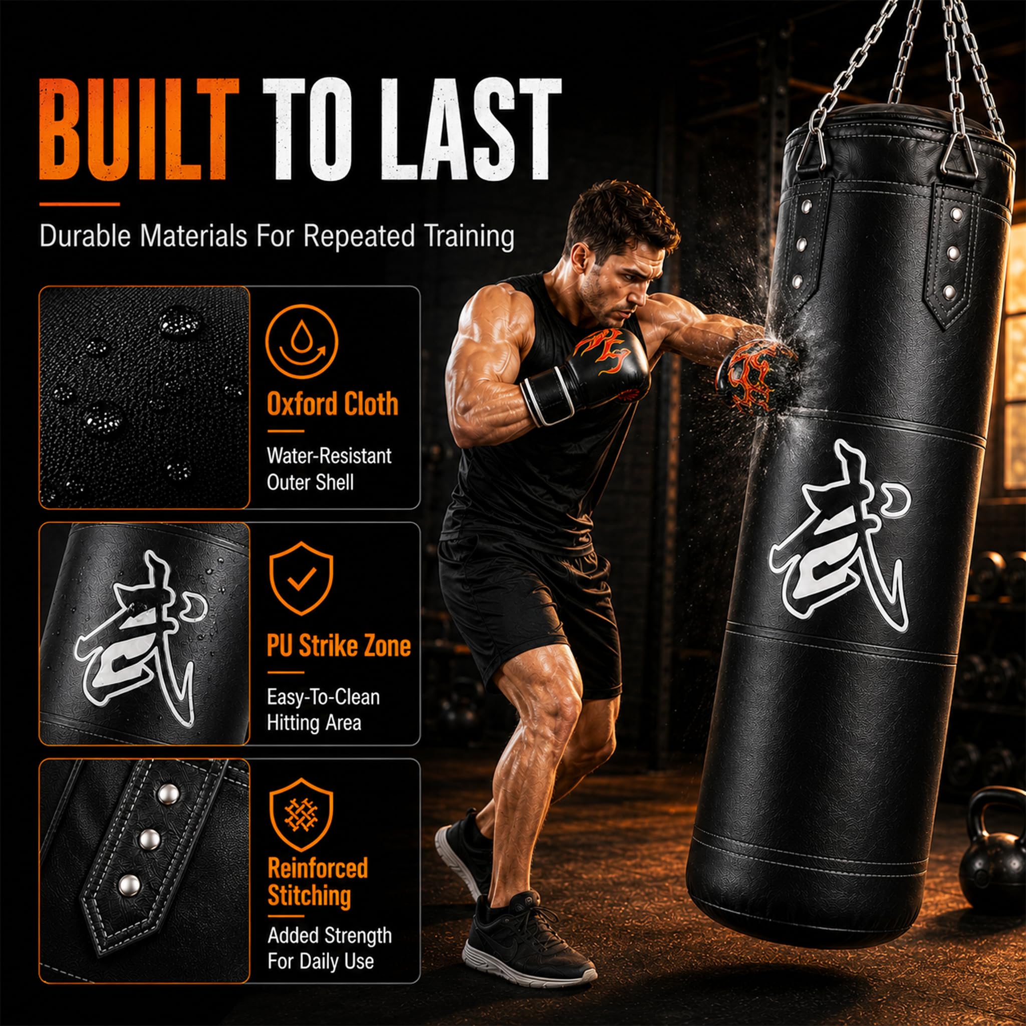 Saco de boxeo Set para Adultos, Adolescentes, Niños, 1.2m Oxford con gancho de techo, cadenas, guantes, Entrenador de agarre, cuerda para saltar -MMA, Karate, Kickboxing, Boxeo, Home-Gym(sin rellenar)