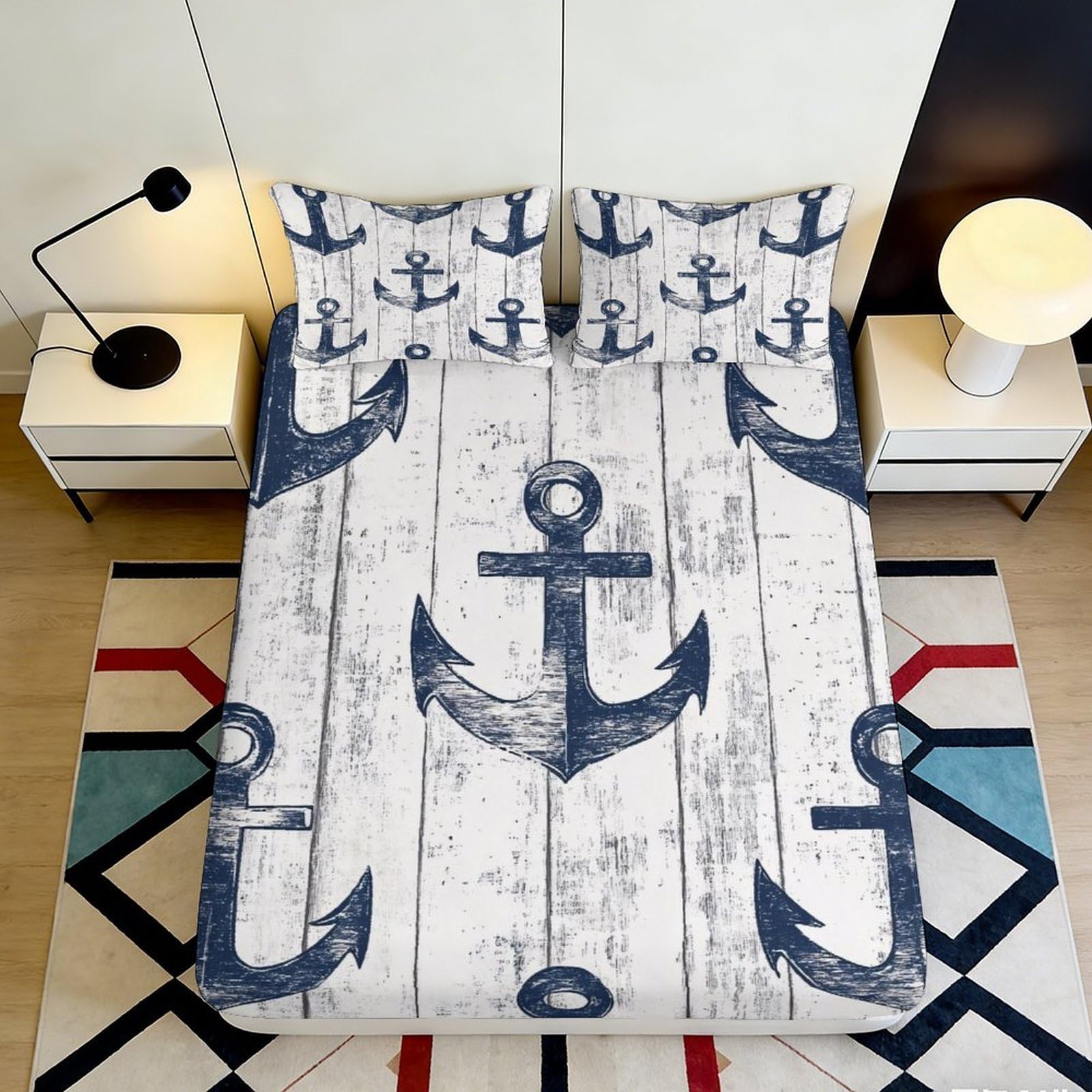 Pnayamiorkfel Style-7 3D Printed Nautical Anchor Fitted Sheet Microfiber Soft Breathable Marine Bed Cover For Bedroom Guest Room Mattress Protection 90X200x25cm