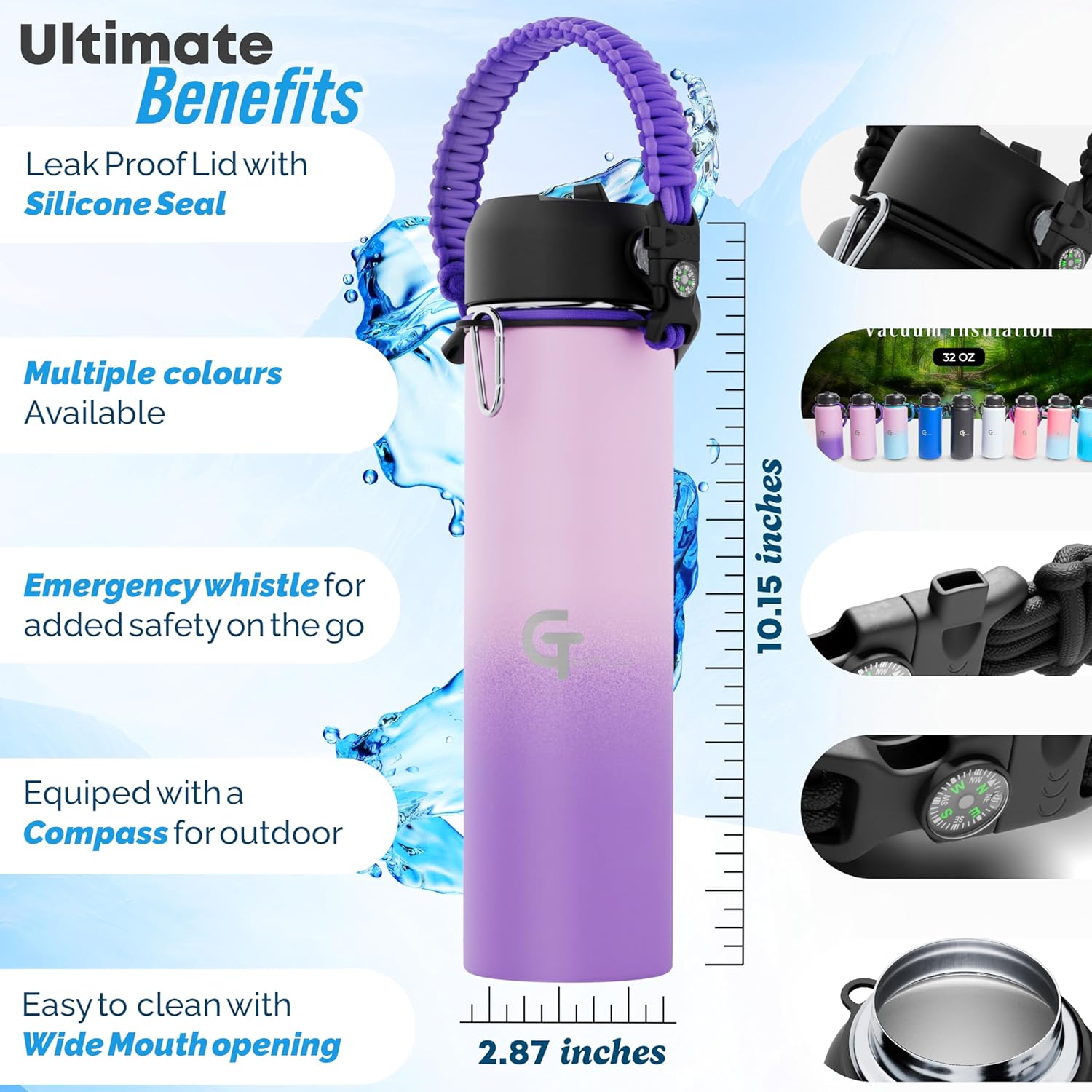 22oz Insulated Stainless Steel Water Bottle with 3 Lids & Paracord Handle – Leakproof Wide Mouth Metal Sports Bottle for Gym, School & Travel (Light Purple/Purple, 22oz)
