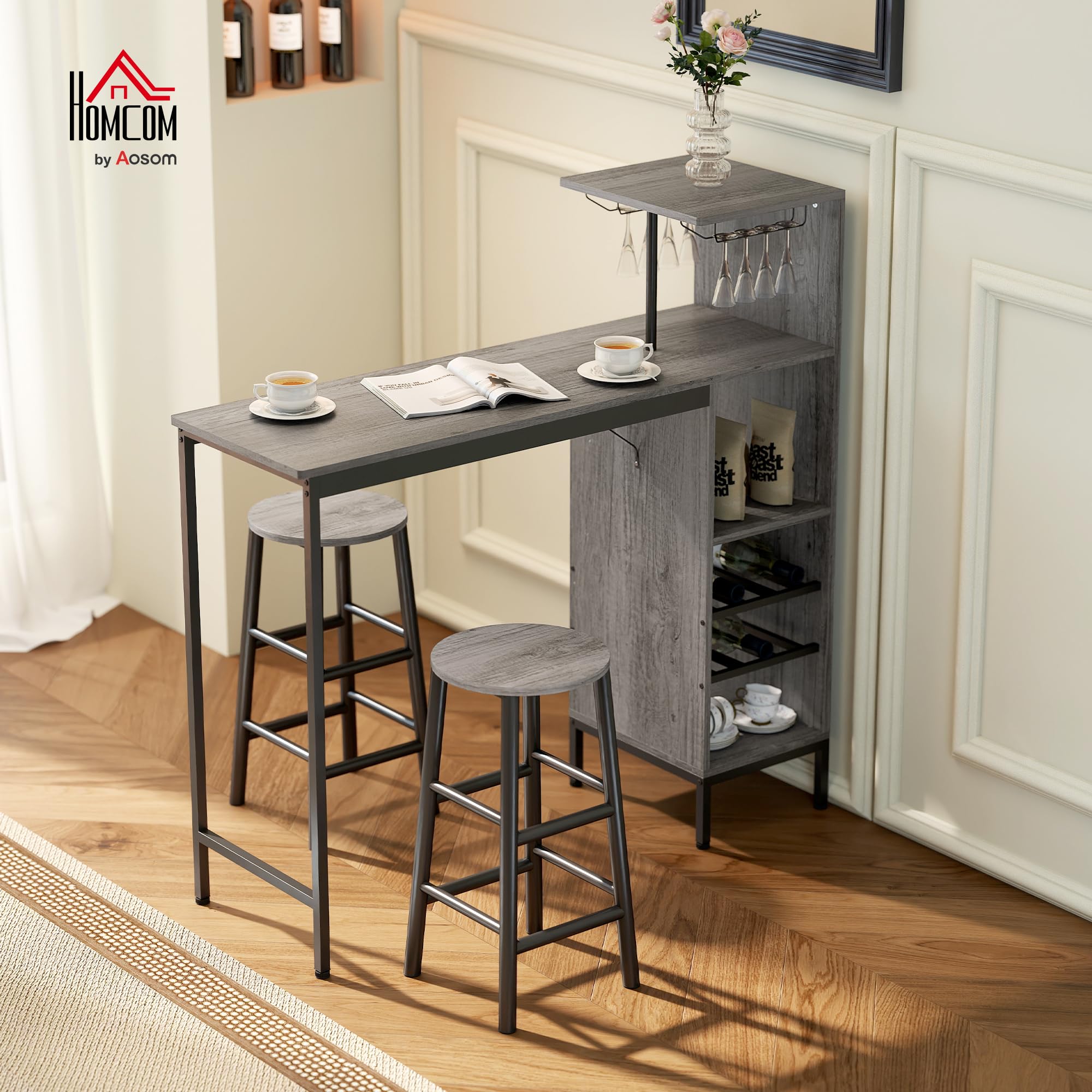 HOMCOM Ensemble Table de Bar avec Tabourets 2 Chaises Effet Bois Naturel | Table à Manger Debout, Chaises Rondes avec Repose-Pieds, Étagères de Rangement, Casiers à Vin, Porte-Verres