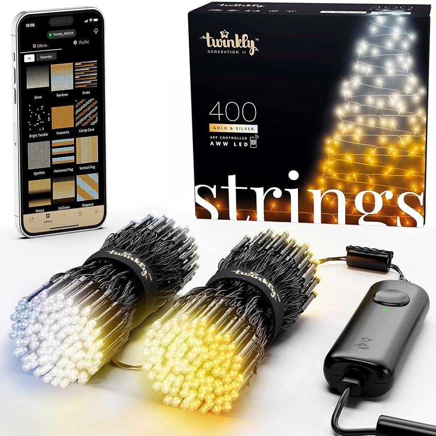 Immagine del prodotto Twinkly Strings - Luci di Natale Smart con 400 AWW (ambra, bianco caldo, bianco freddo) - Decorazioni Natalizie per Interni ed Esterni - Illuminazione Controllata da App, filo nero, 32m